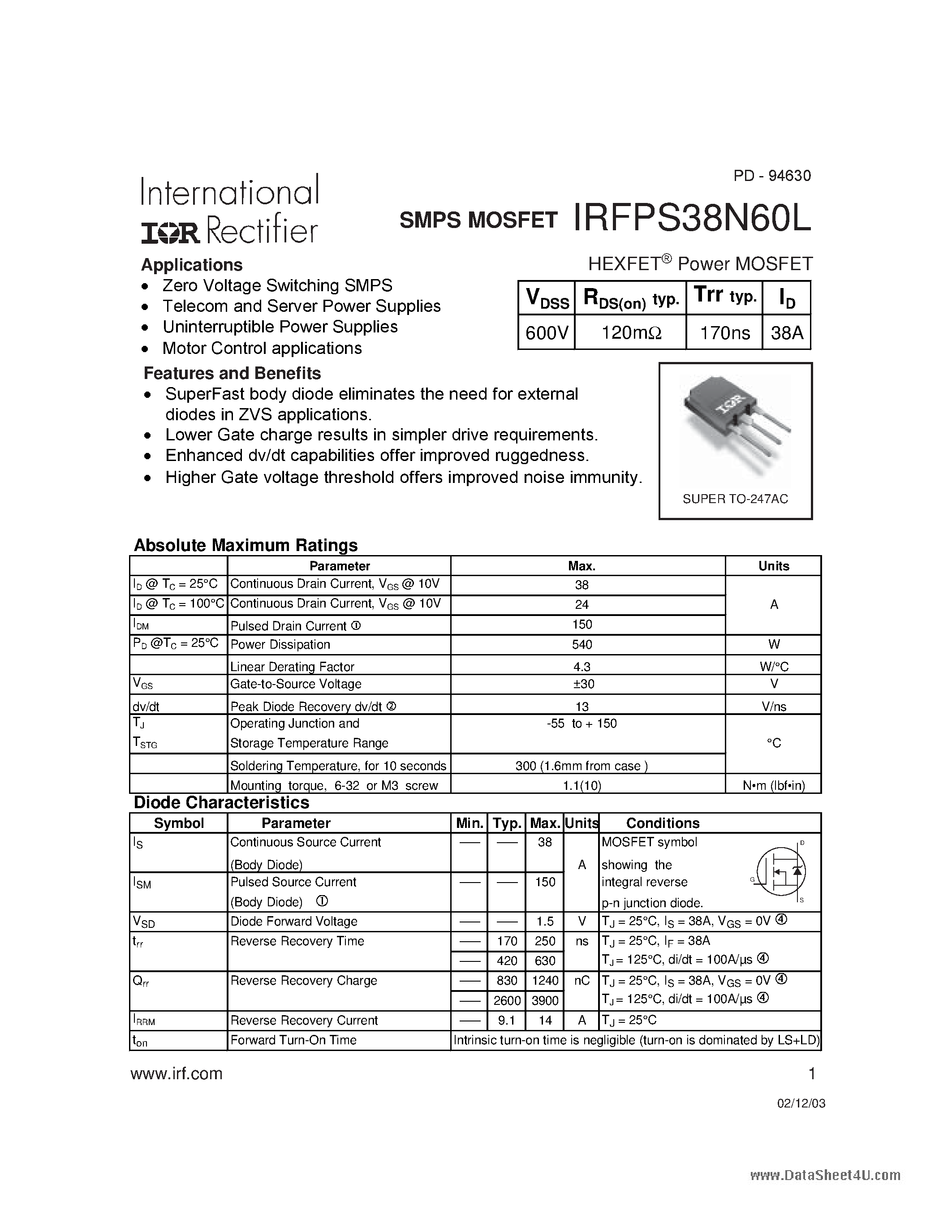 Даташит IRFPS38N60L - HEXFET Power MOSFET страница 1