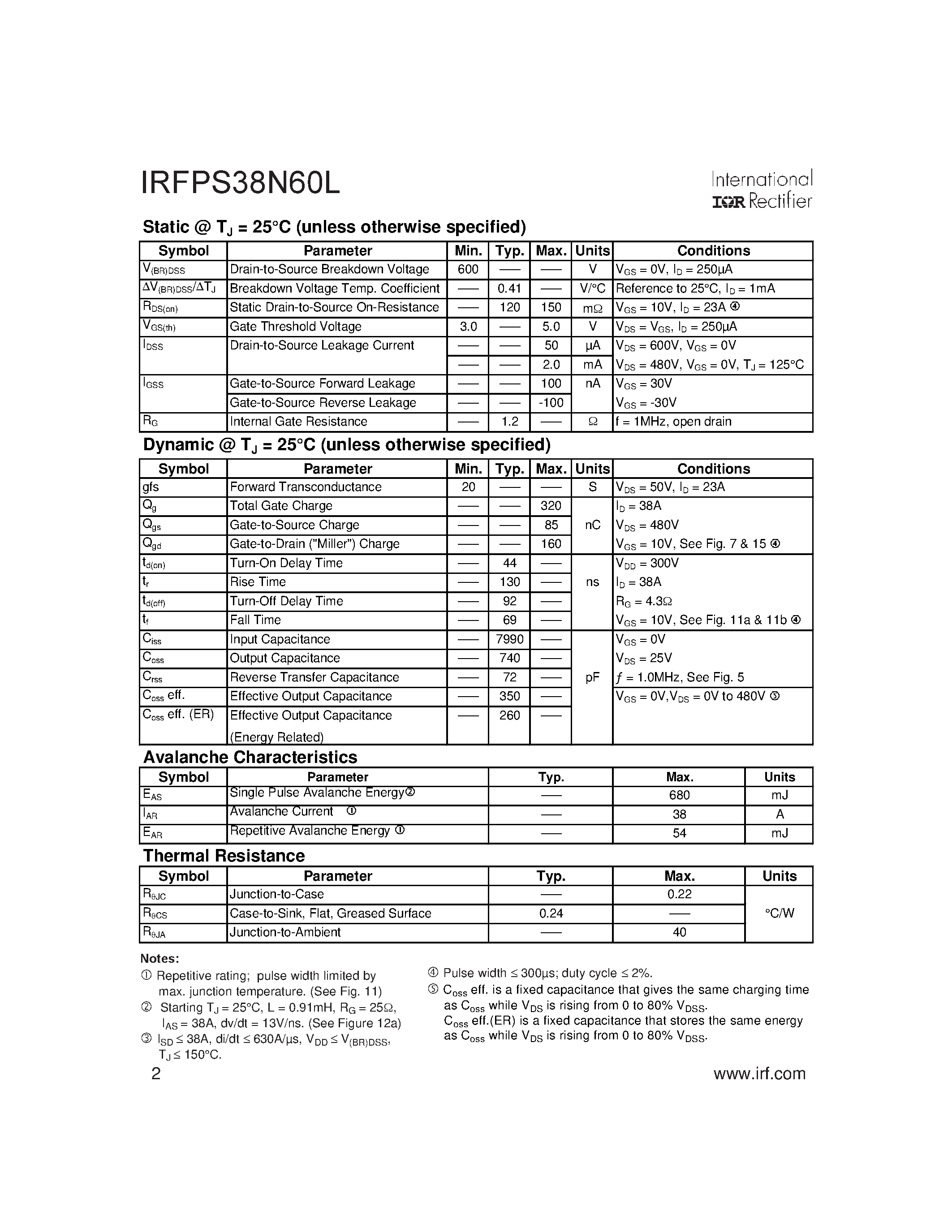 Datasheet IRFPS38N60L page 2 Datasheet IRFPS38N60L - HEXFET Power MOSFET page 2