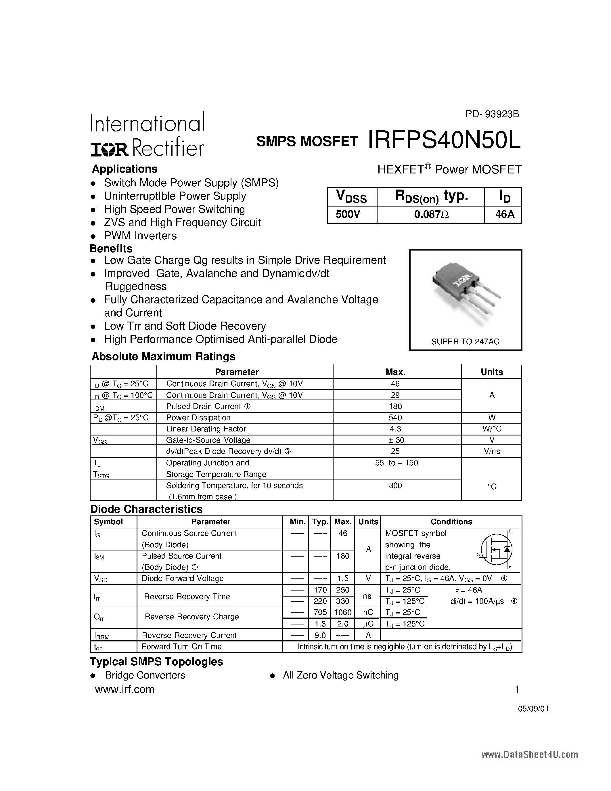 Даташит на микросхему IRFPS40N50L страница 1 Даташит IRFPS40N50L - HEXFET Power MOSFET страница 1