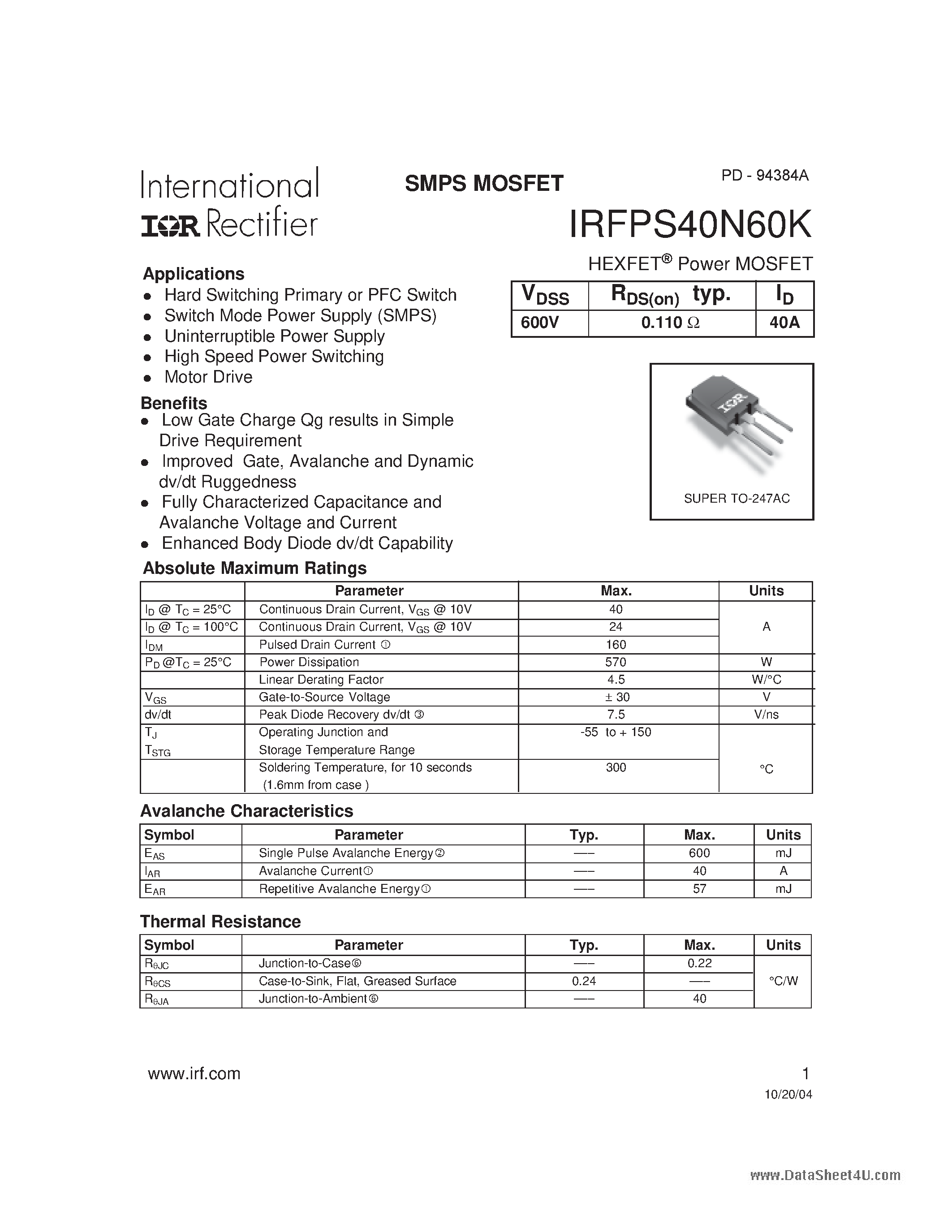 Даташит IRFPS40N60K - HEXFET Power MOSFET страница 1