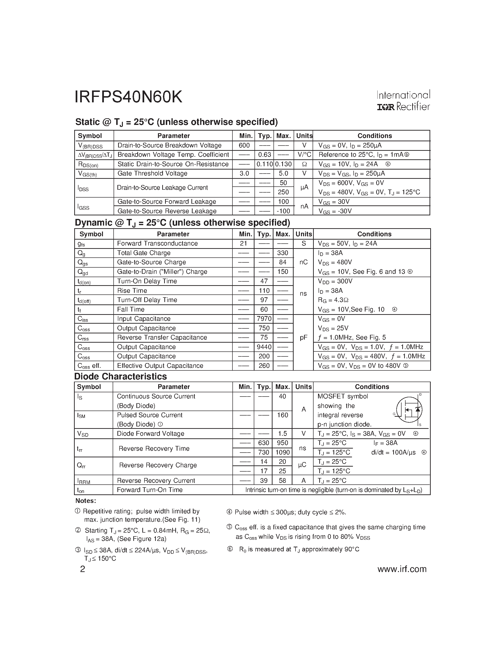 Datasheet IRFPS40N60K - HEXFET Power MOSFET page 2