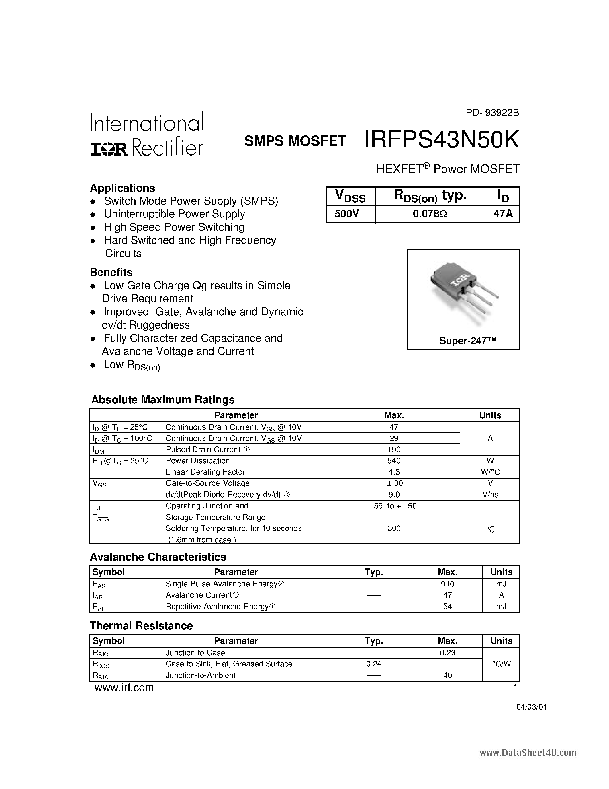 Даташит IRFPS43N50K - HEXFET Power MOSFET страница 1