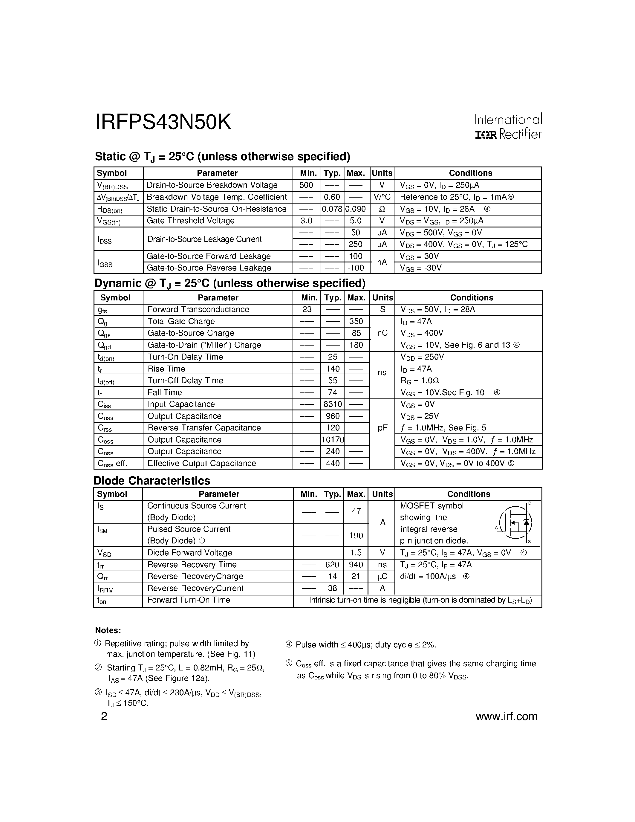 Datasheet IRFPS43N50K - HEXFET Power MOSFET page 2