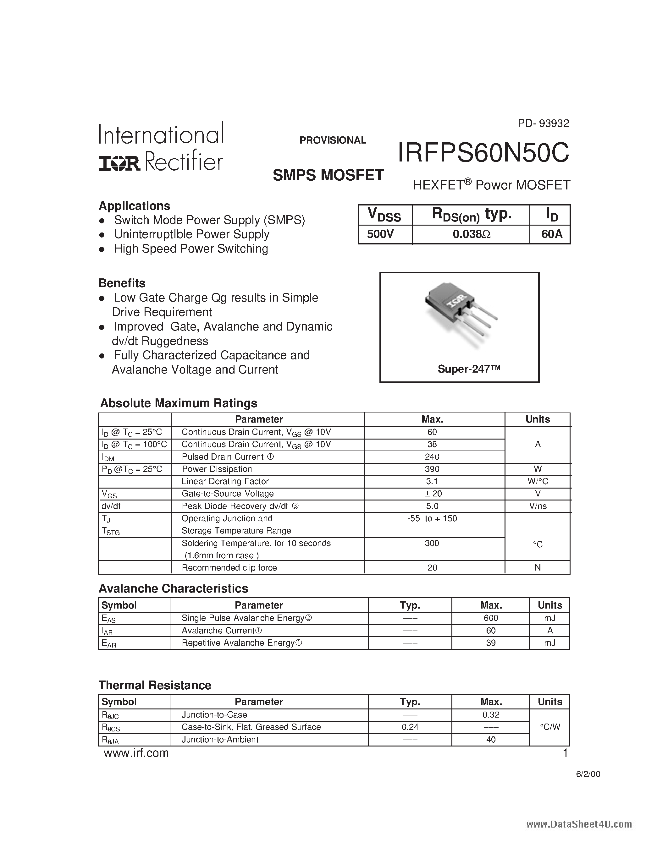 Даташит IRFPS60N50C - HEXFET Power MOSFET страница 1