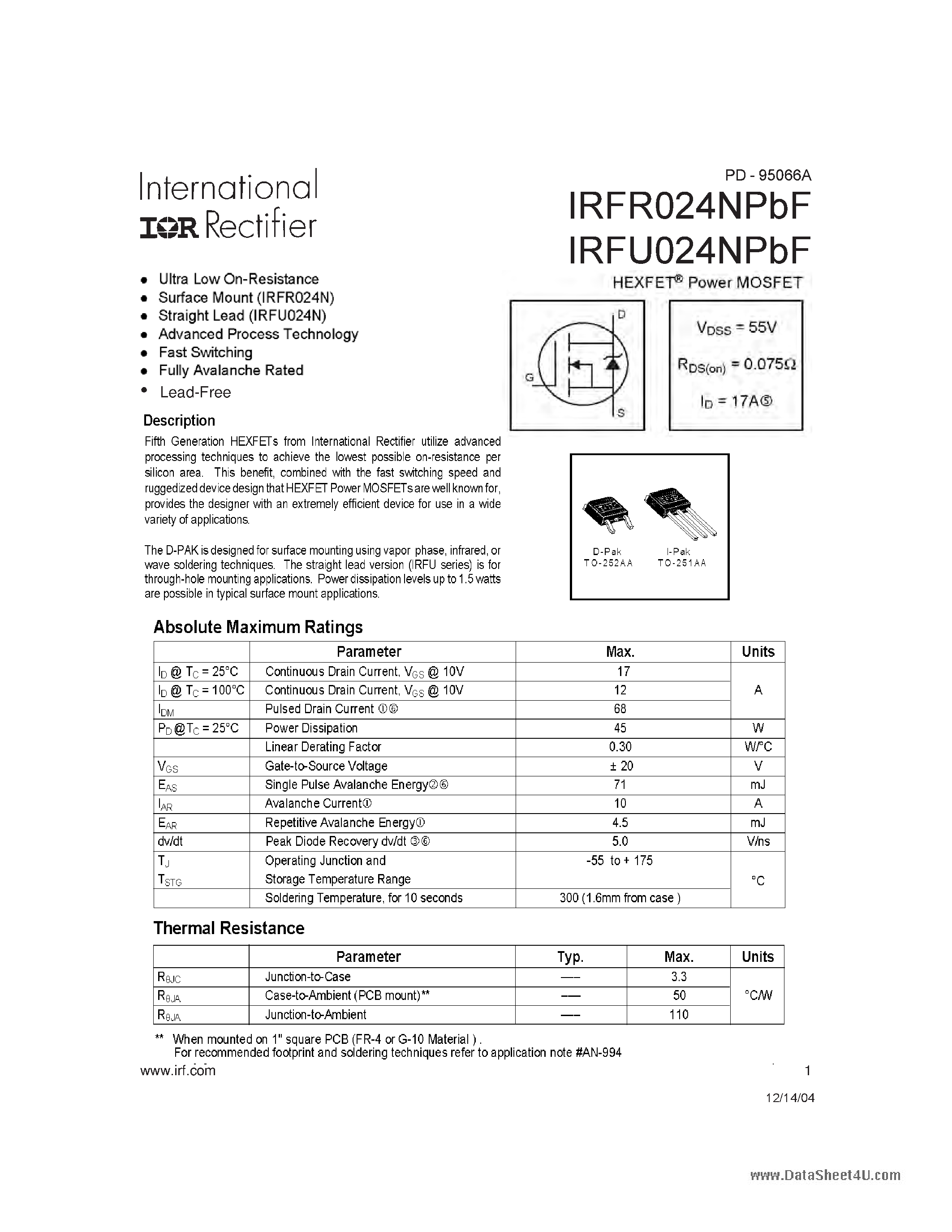 Datasheet IRFR024NPBF - HEXFET Power MOSFET page 1
