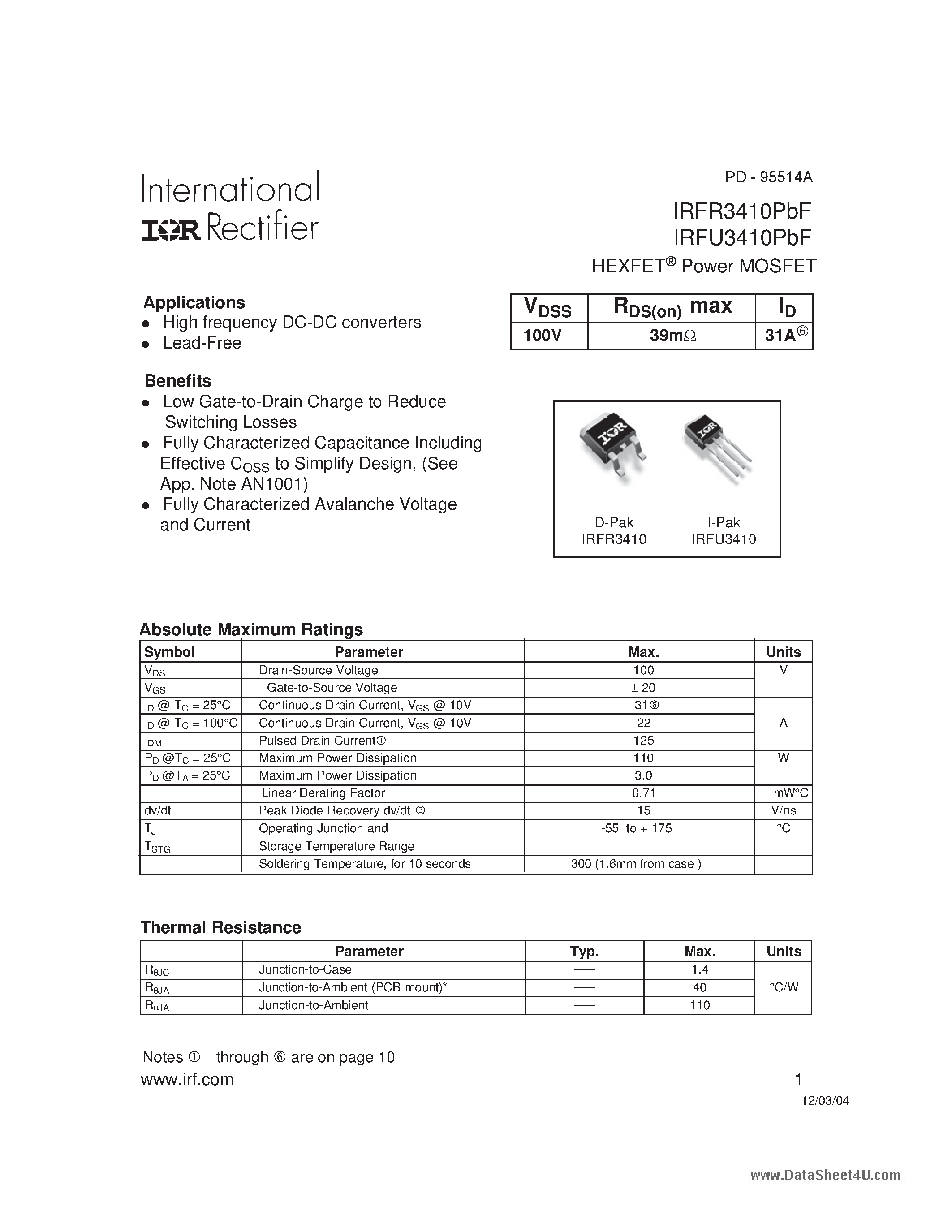 Datasheet IRFR3410PBF - HEXFET Power MOSFET page 1
