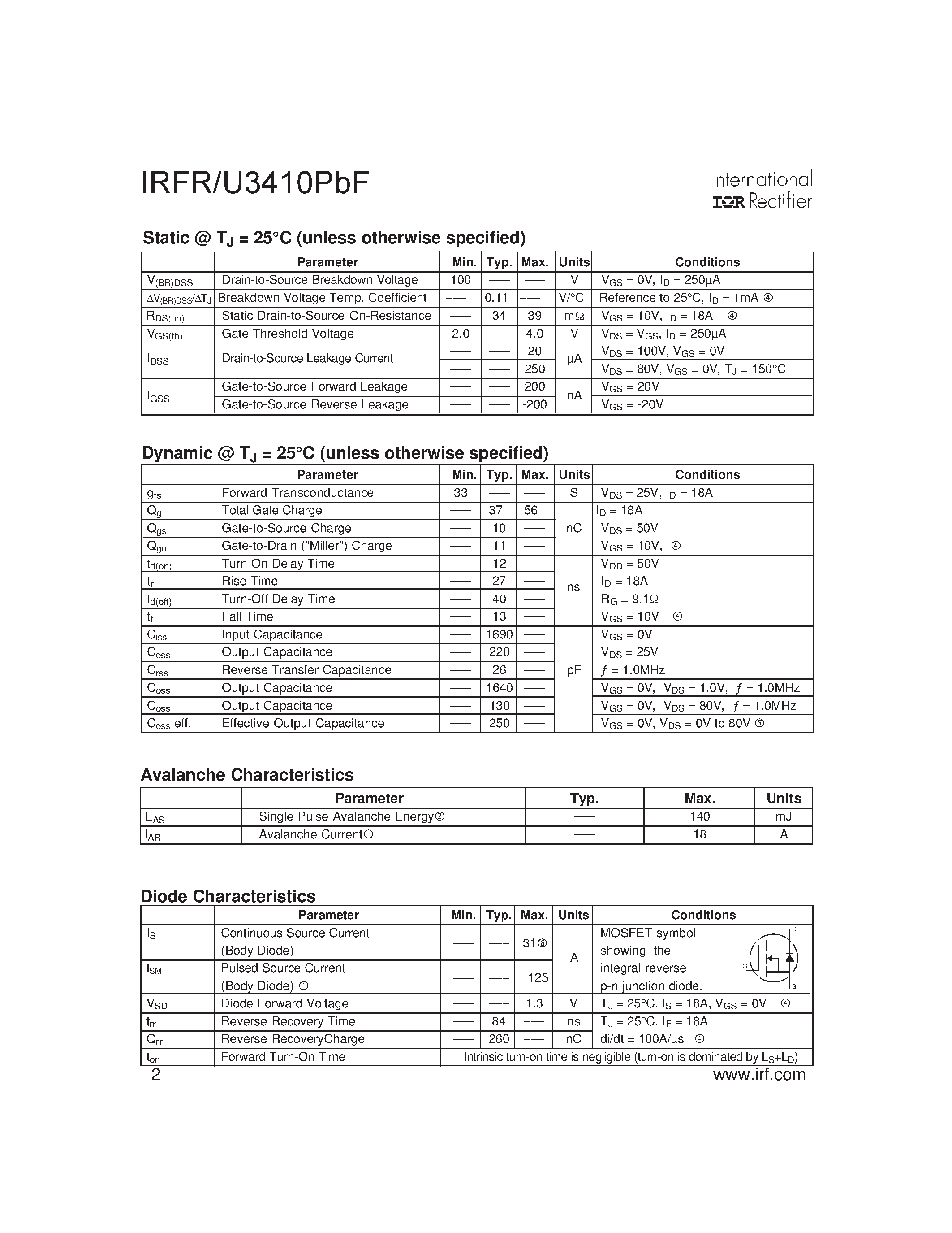 Datasheet IRFR3410PBF - HEXFET Power MOSFET page 2