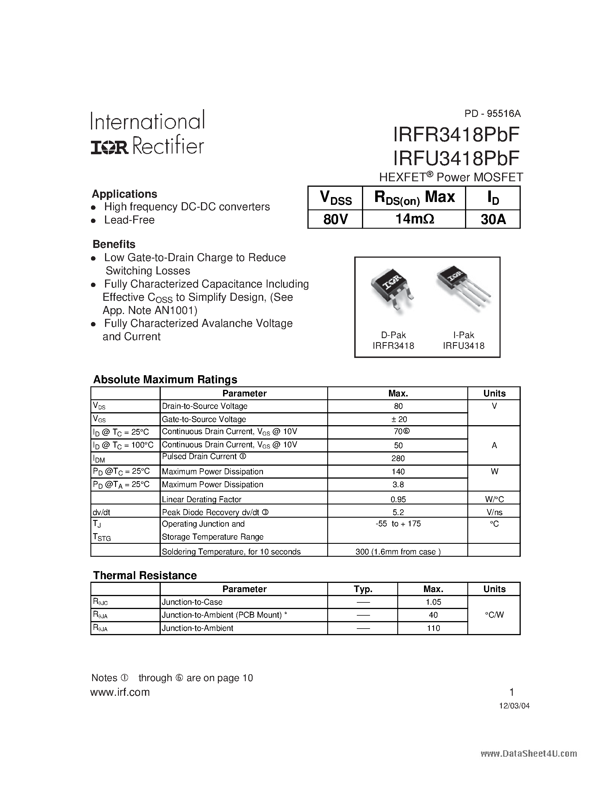 Datasheet IRFR3418PBF - HEXFET Power MOSFET page 1