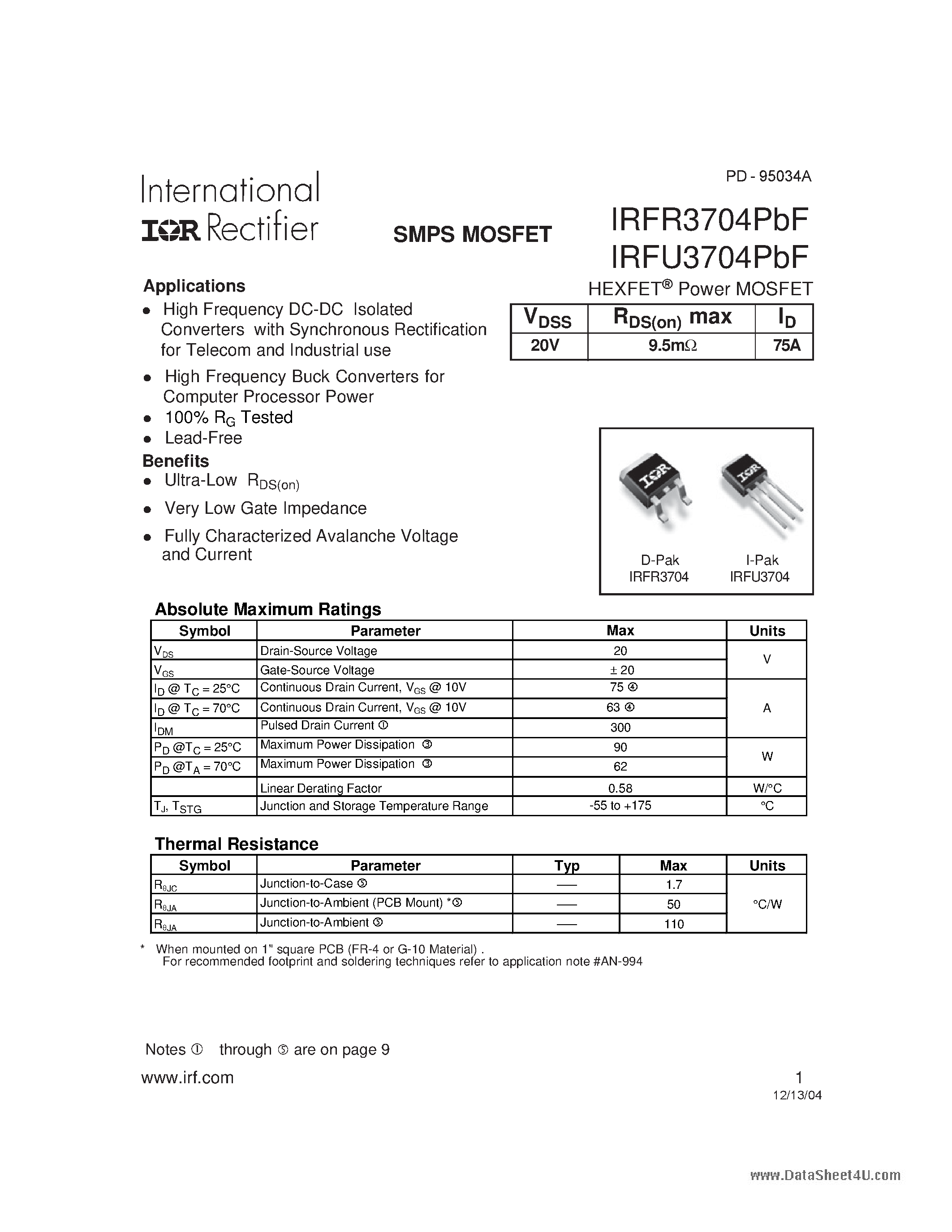 Datasheet IRFR3704PBF page 1 Datasheet IRFR3704PBF - HEXFET Power MOSFET page 1