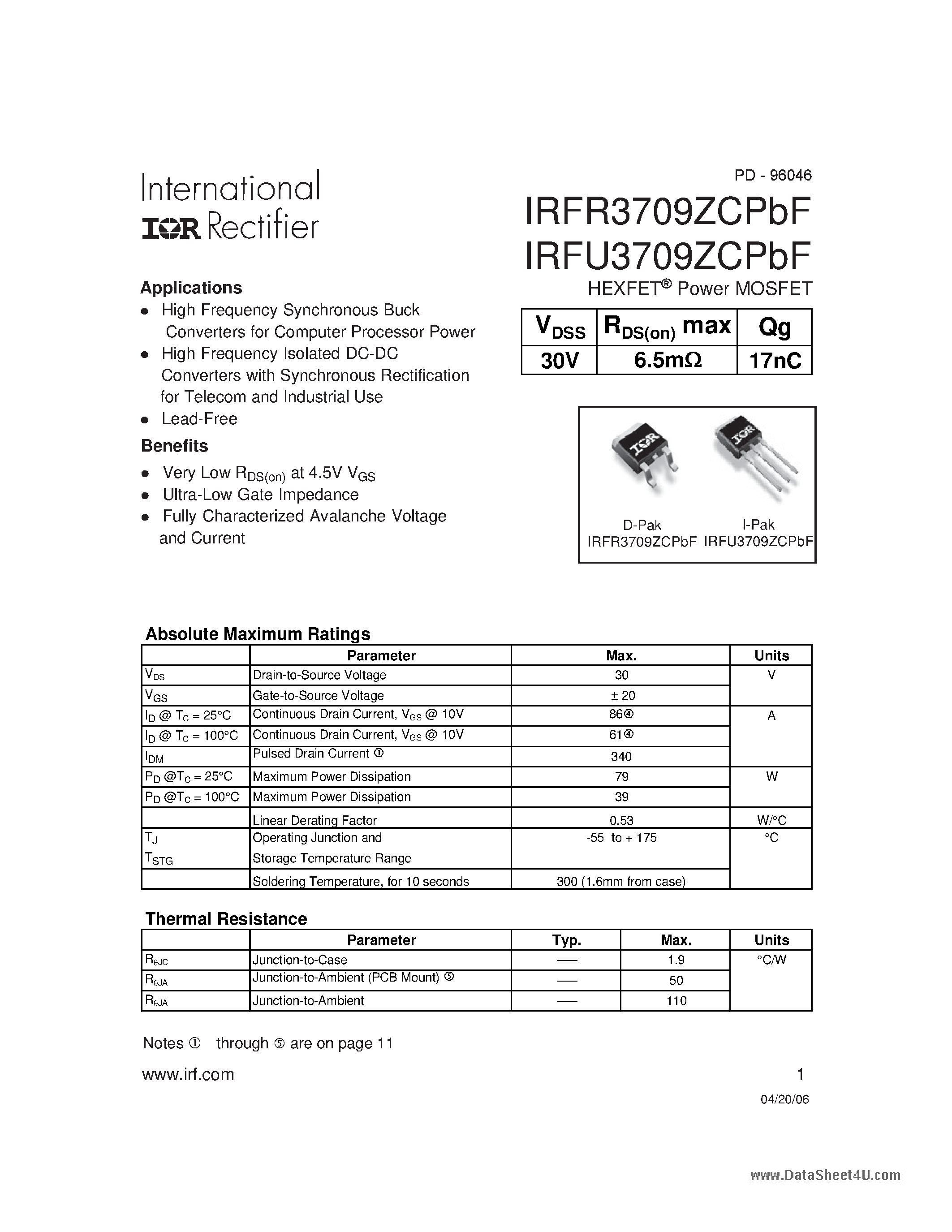 Datasheet IRFR3709ZCPBF - HEXFET Power MOSFET page 1