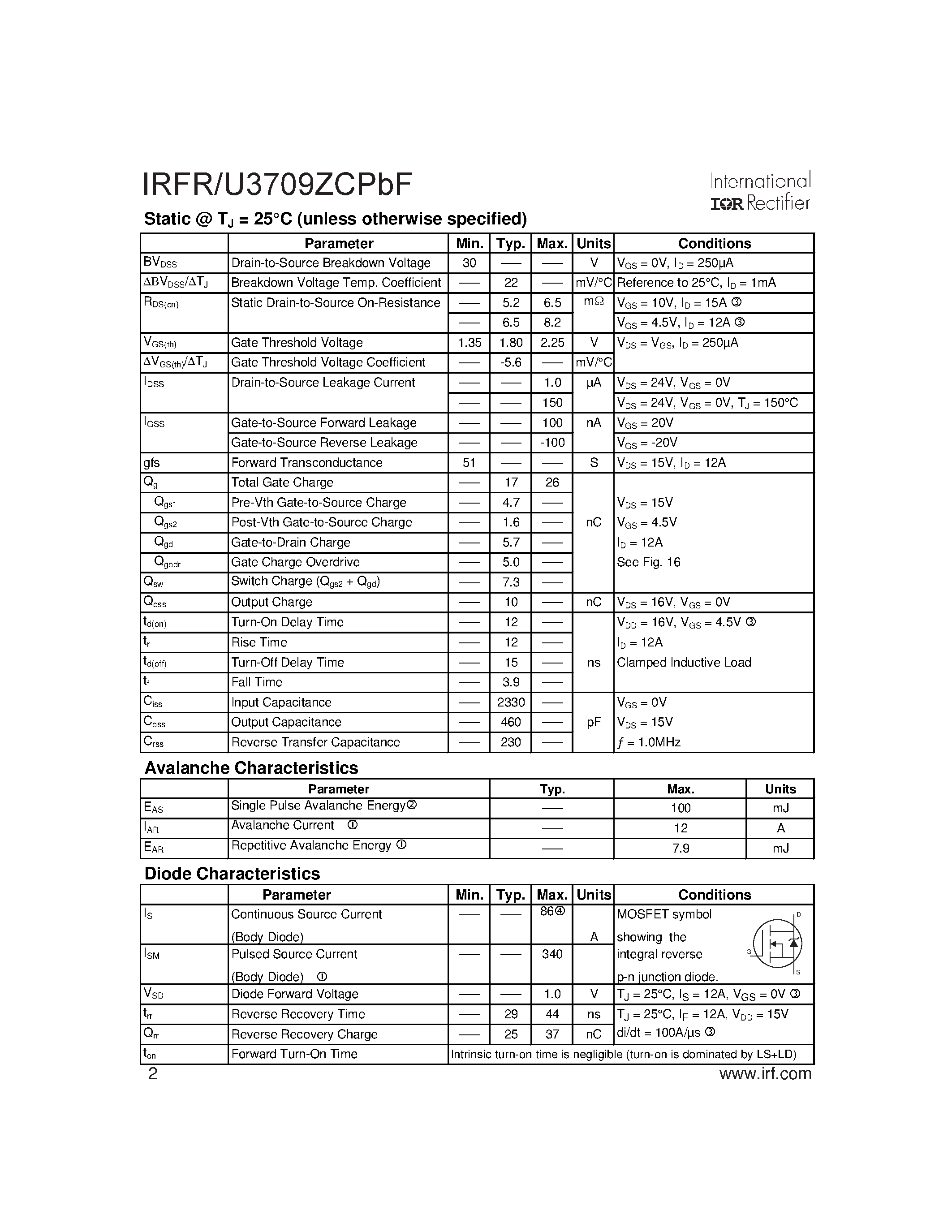 Datasheet IRFR3709ZCPBF - HEXFET Power MOSFET page 2