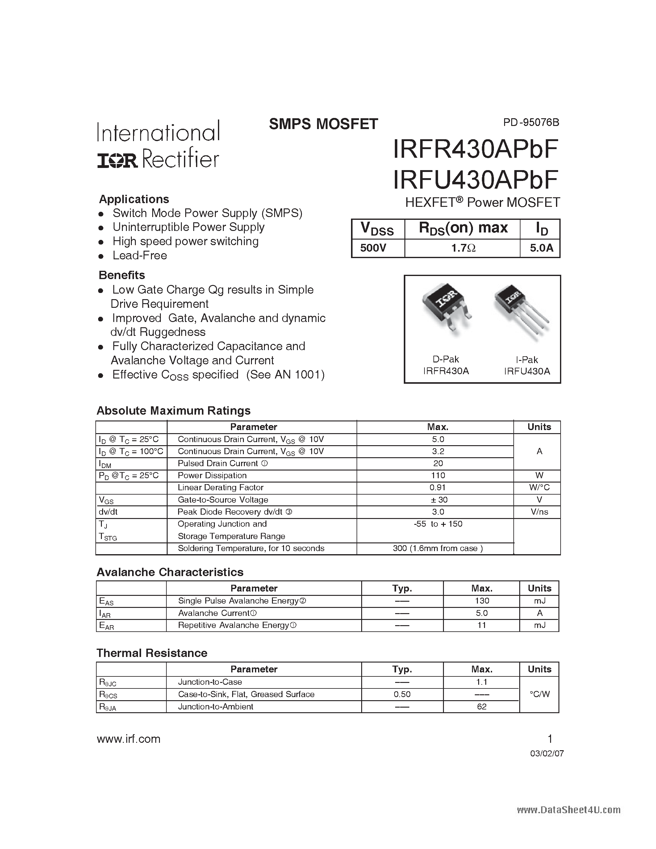 Datasheet IRFR430APBF - HEXFET Power MOSFET page 1