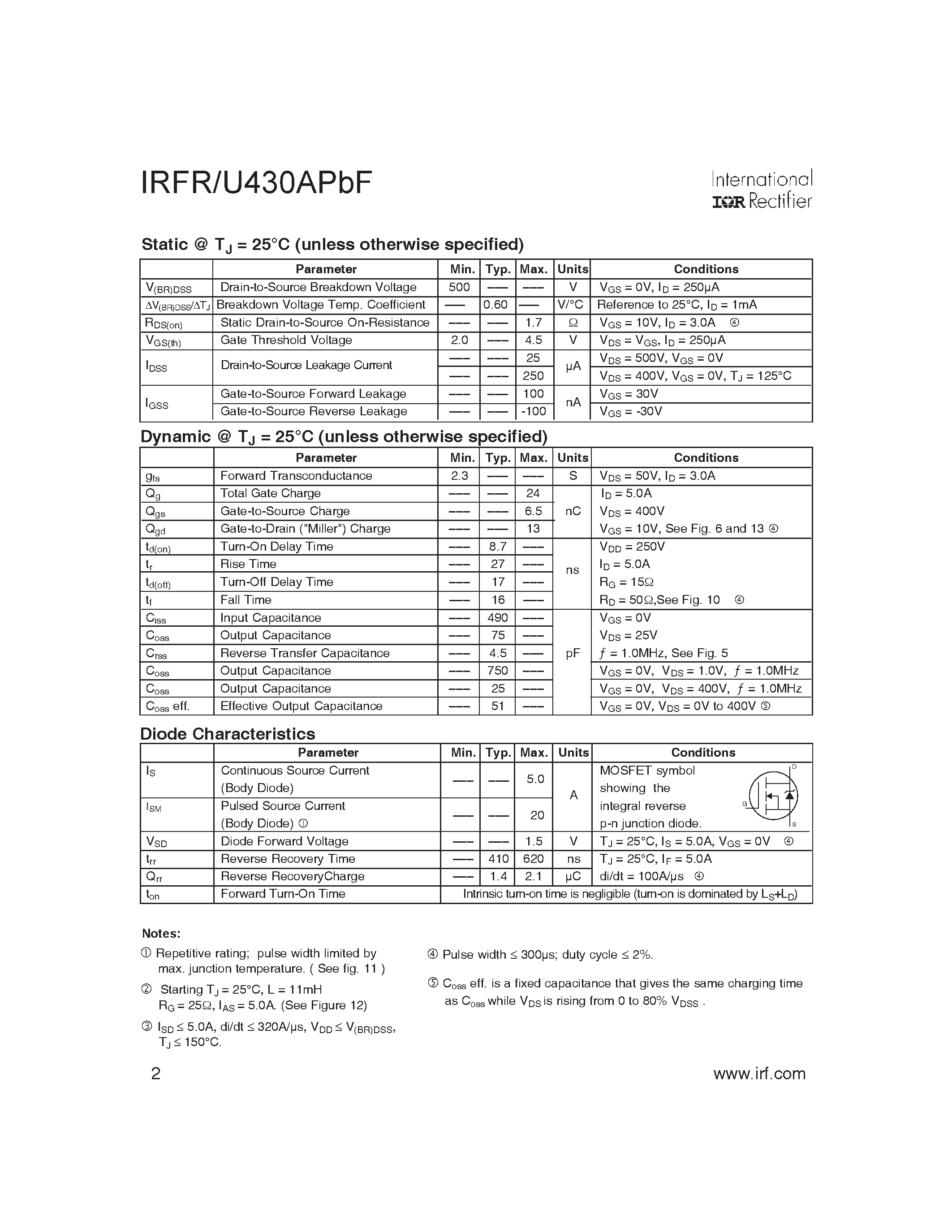 Datasheet IRFR430APBF - HEXFET Power MOSFET page 2