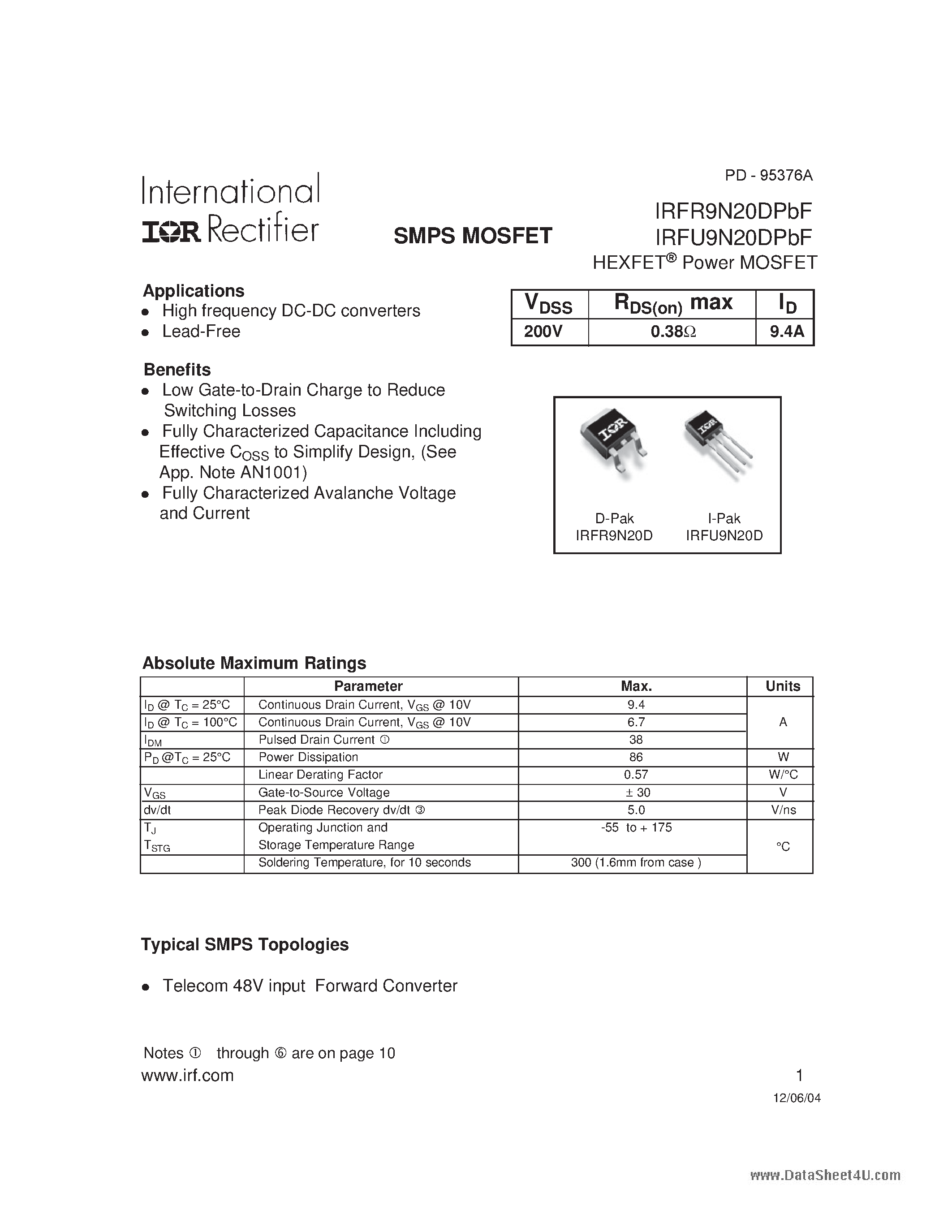 Datasheet IRFR9N20DPBF - HEXFET Power MOSFET page 1