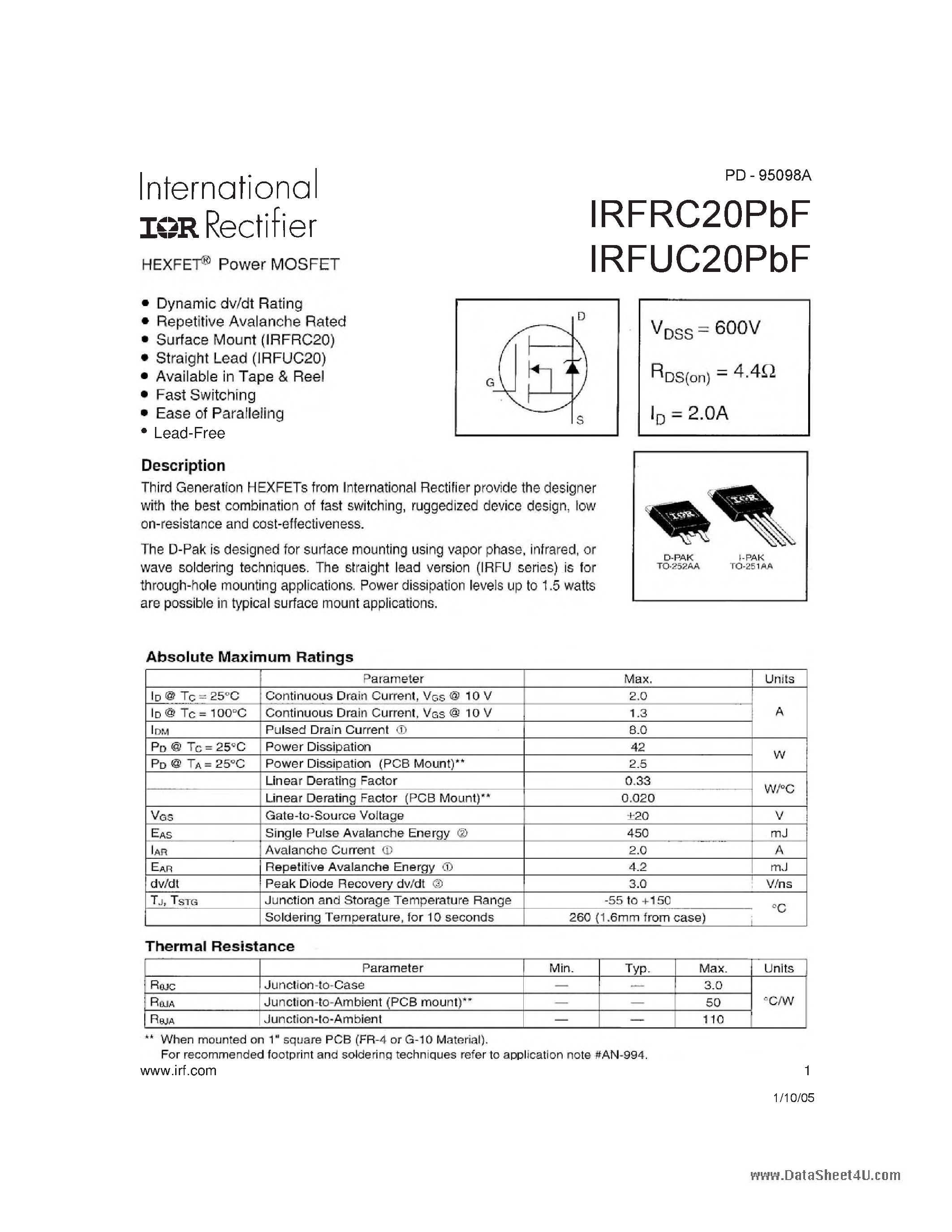 Datasheet IRFRC20PBF page 1 Datasheet IRFRC20PBF - HEXFET Power MOSFET page 1
