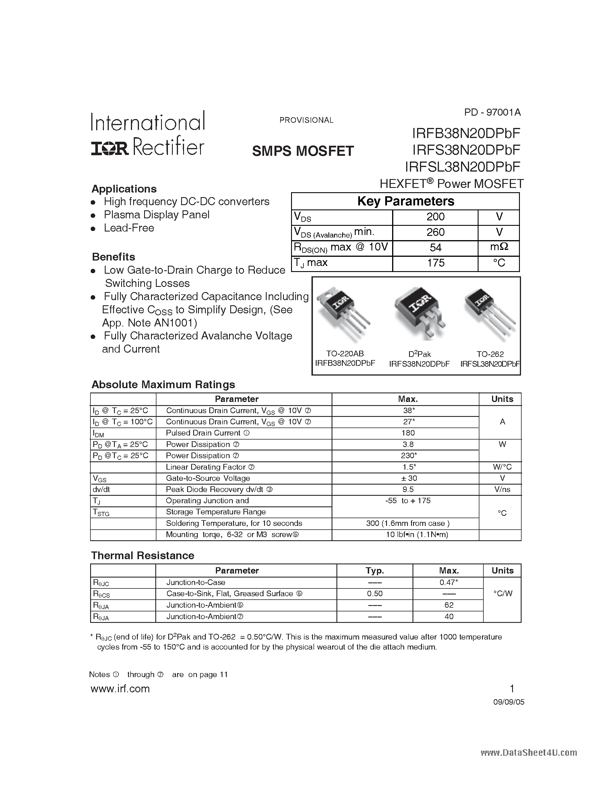 Datasheet IRFS38N20DPBF - HEXFET Power MOSFET page 1