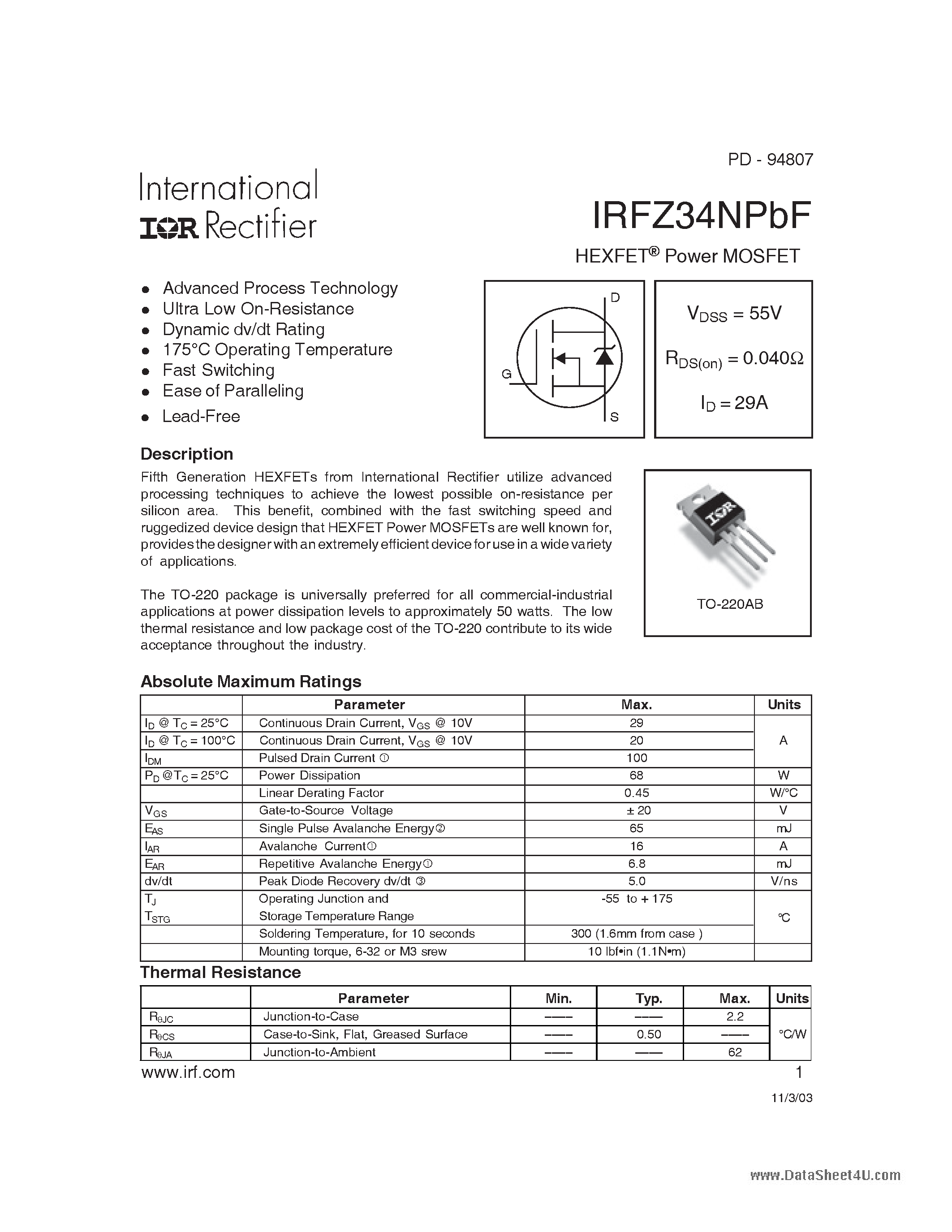 Datasheet IRFZ34NPBF - HEXFET Power MOSFET page 1
