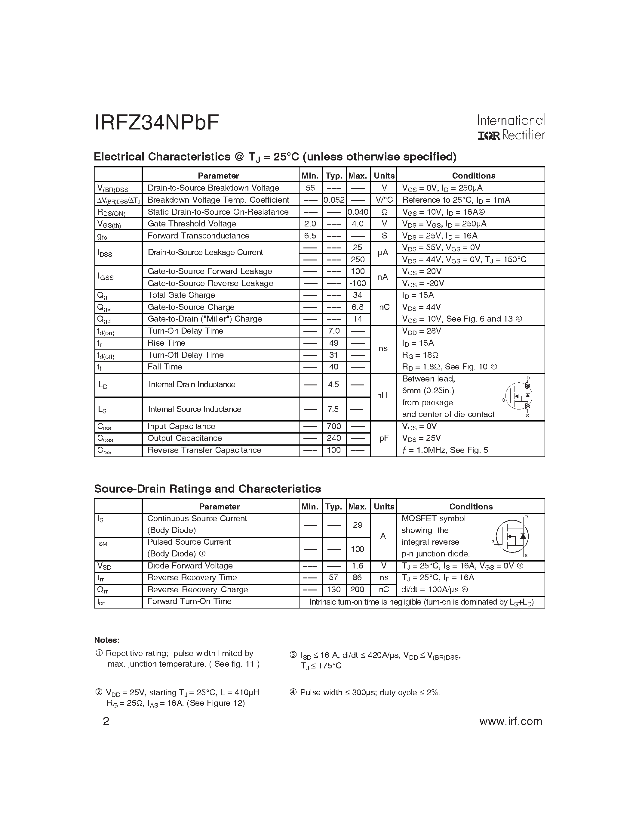 Datasheet IRFZ34NPBF - HEXFET Power MOSFET page 2