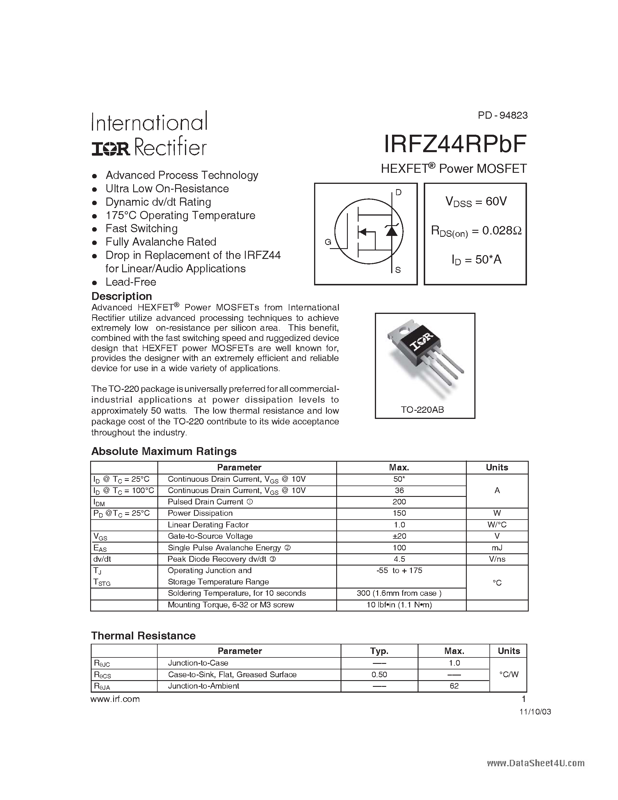 Datasheet IRFZ44RPBF - HEXFET Power MOSFET page 1