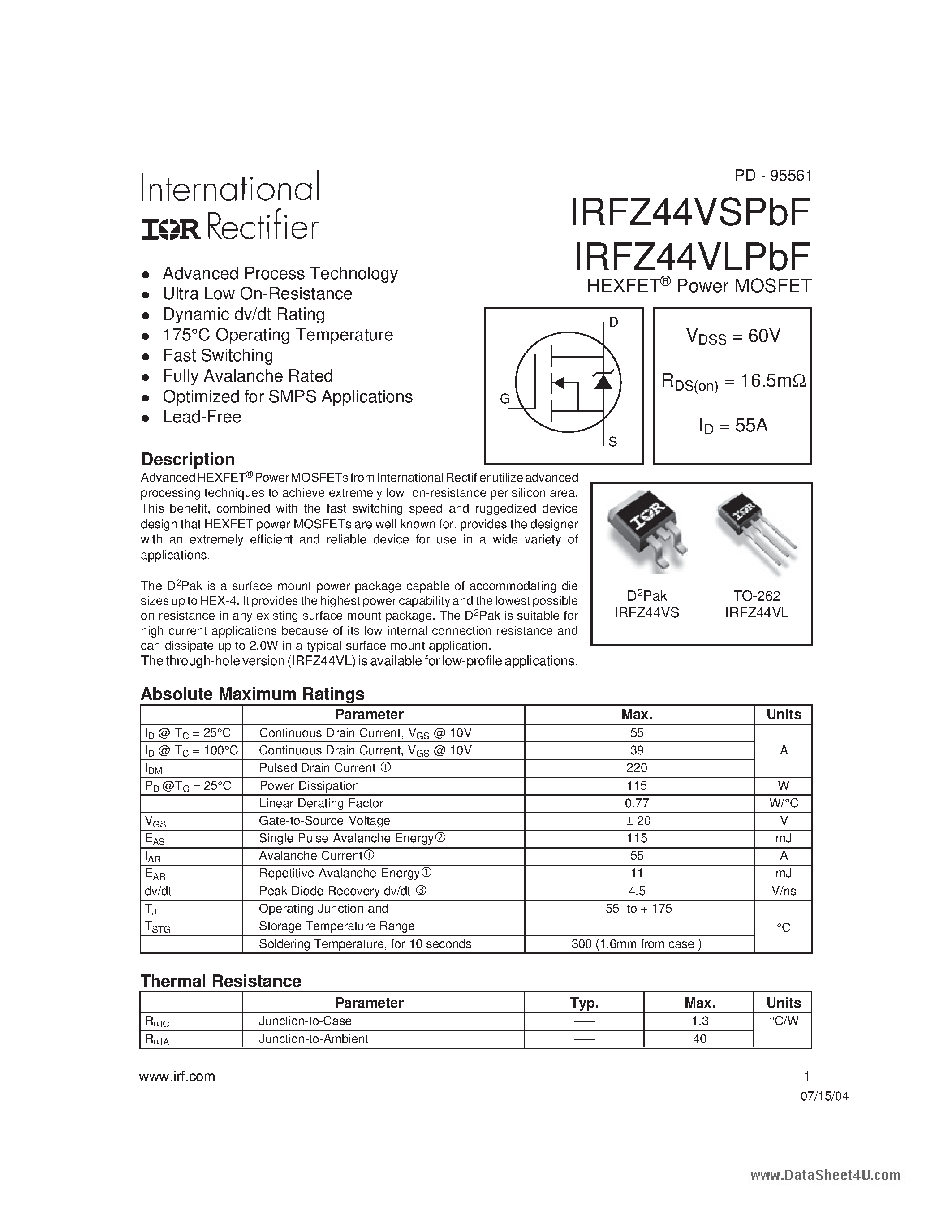 Datasheet IRFZ44VLPbF - HEXFET Power MOSFET page 1