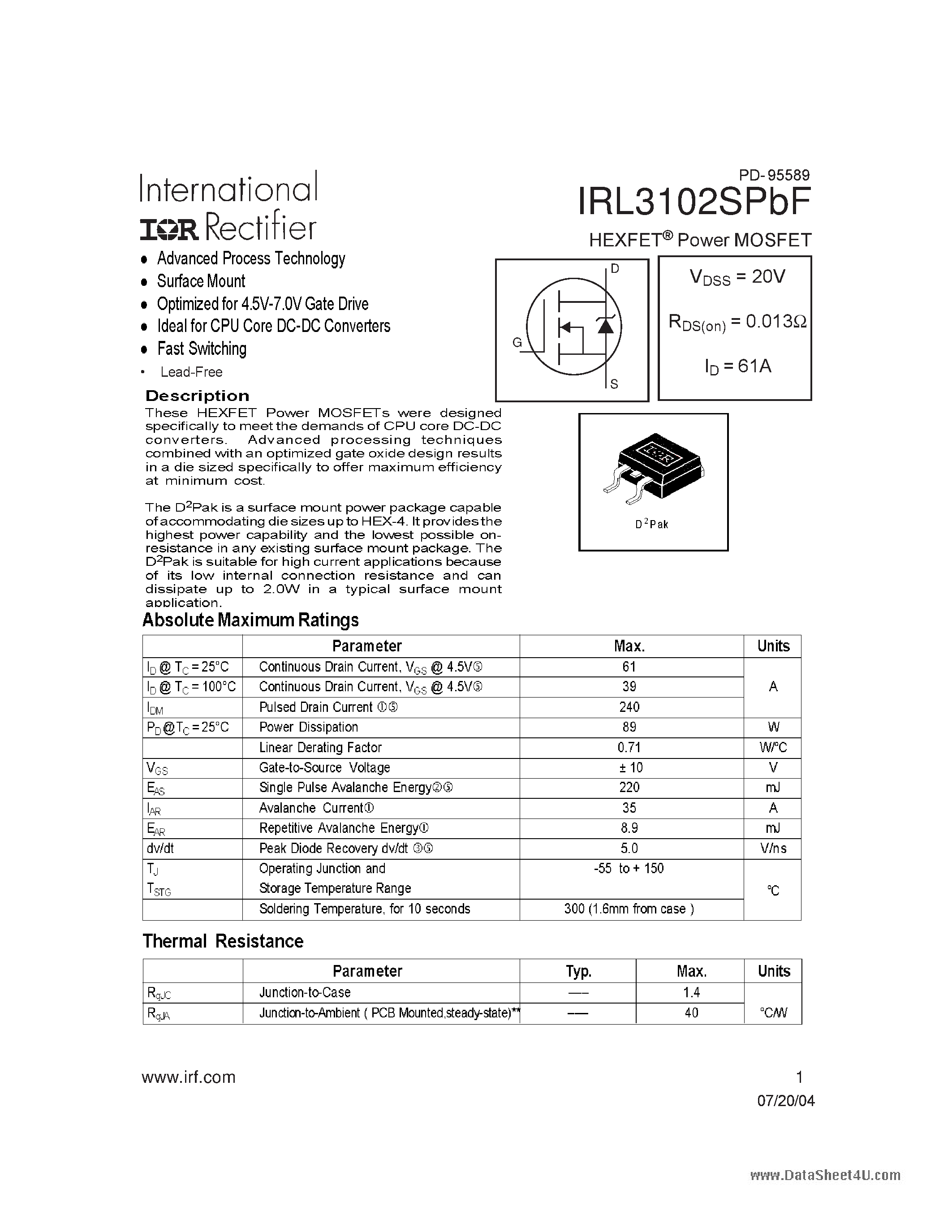 Даташит IRL3102SPBF - POWER MOSFET страница 1