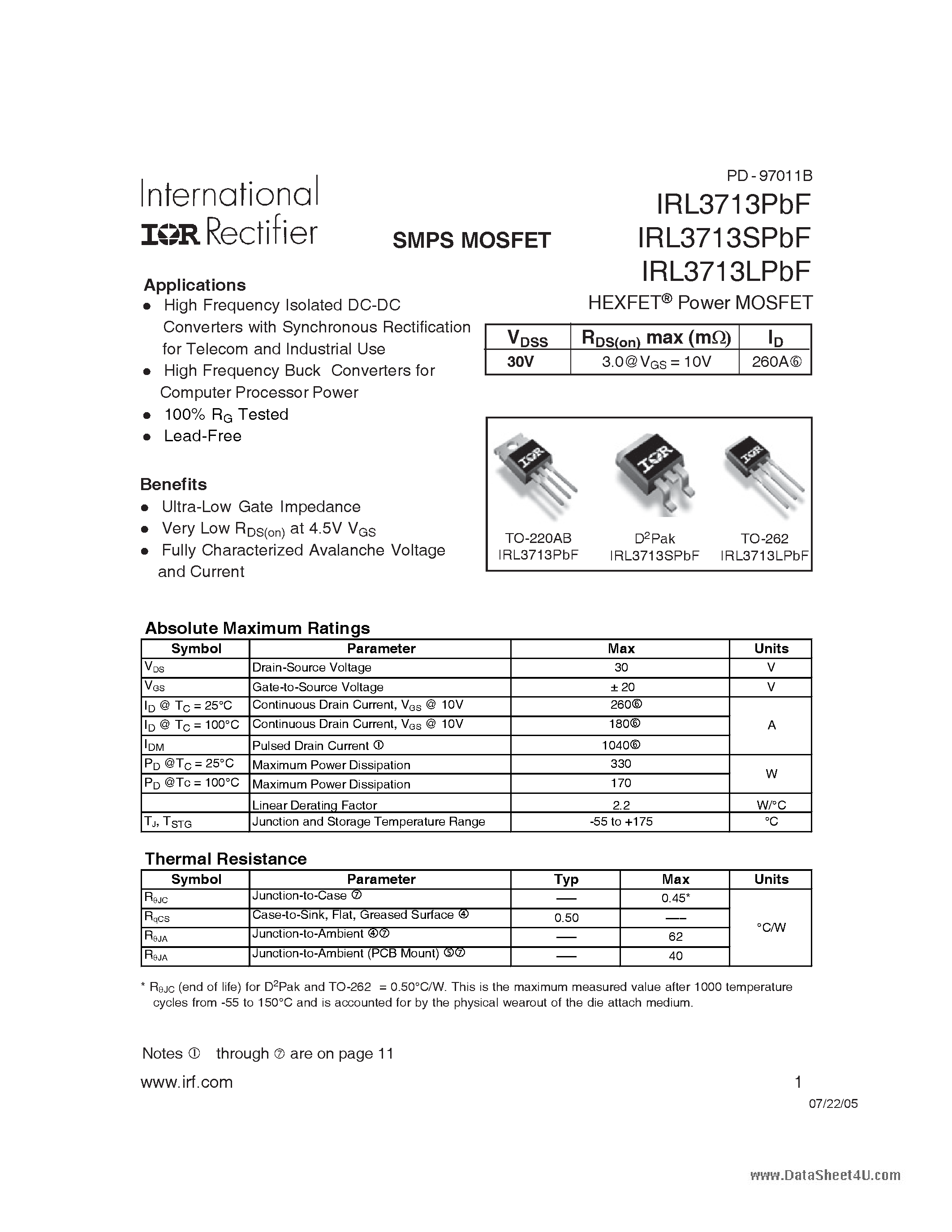 Datasheet IRL3713LPbF page 1 Datasheet IRL3713LPbF - POWER MOSFET page 1