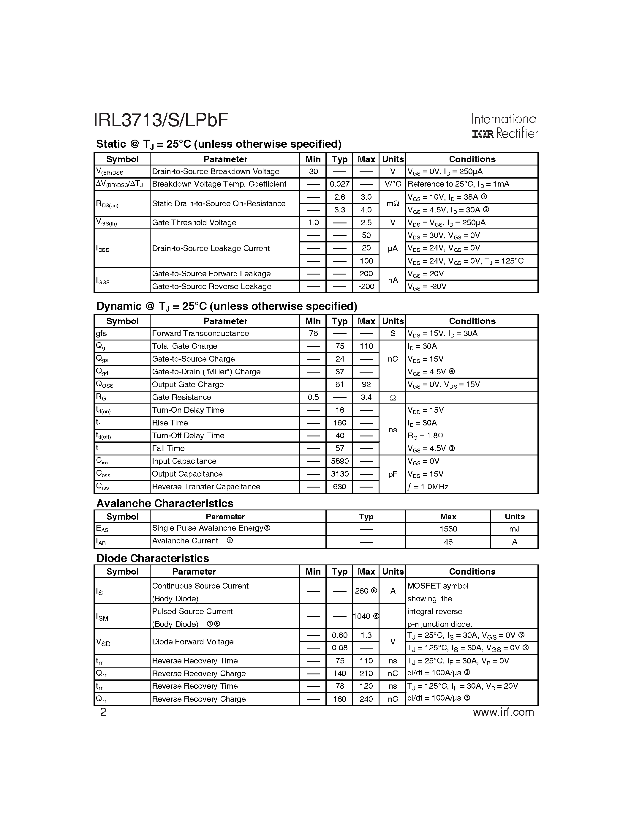 Datasheet IRL3713LPbF page 2 Datasheet IRL3713LPbF - POWER MOSFET page 2