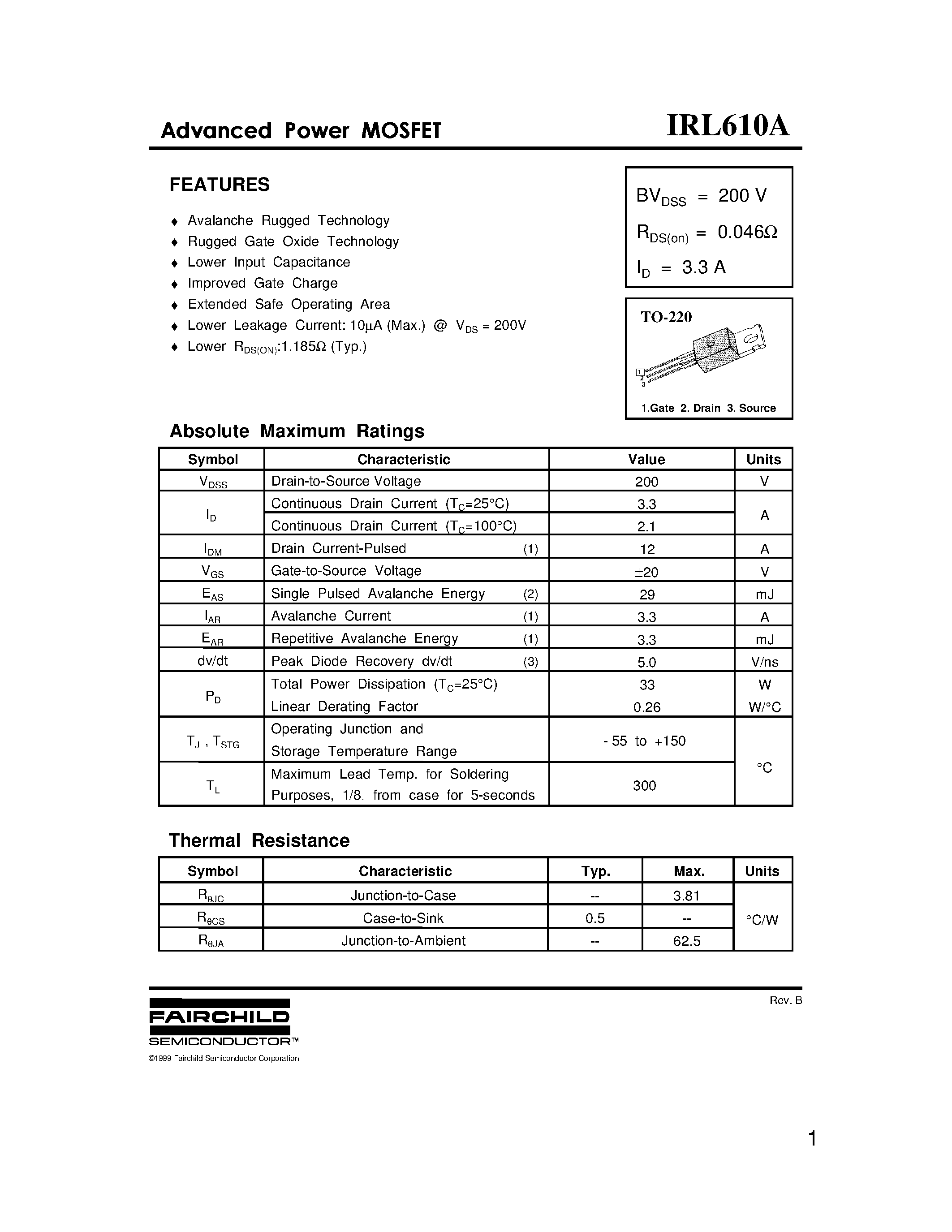 Datasheet IRL610A - Advanced Power MOSFET page 1