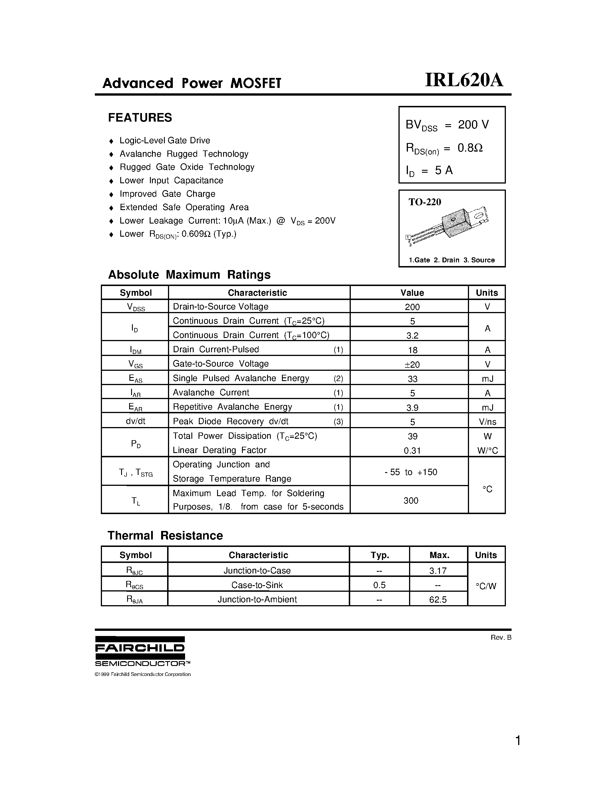 Datasheet IRL620A - Advanced Power MOSFET page 1