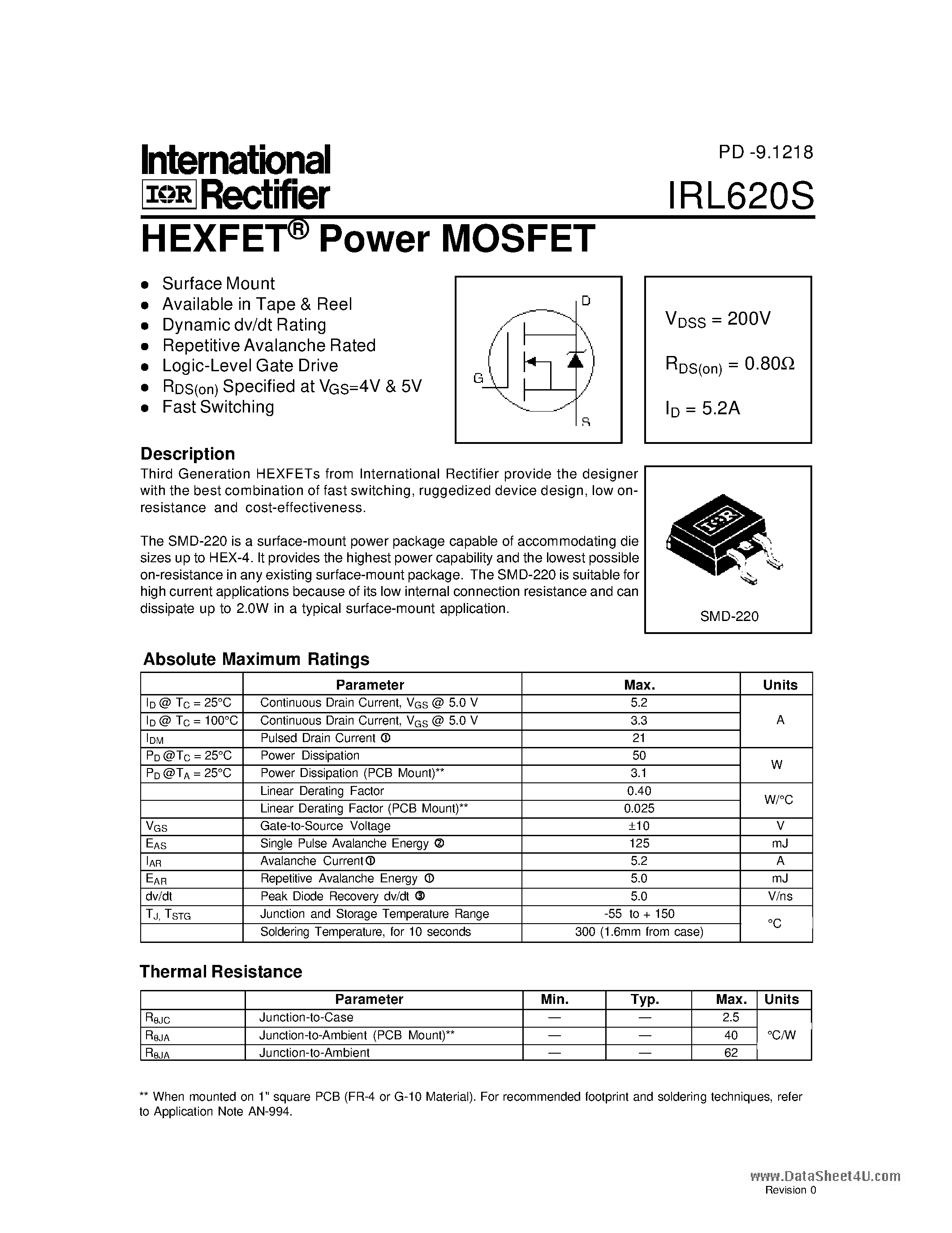 Datasheet IRL620S - POWER MOSFET page 1