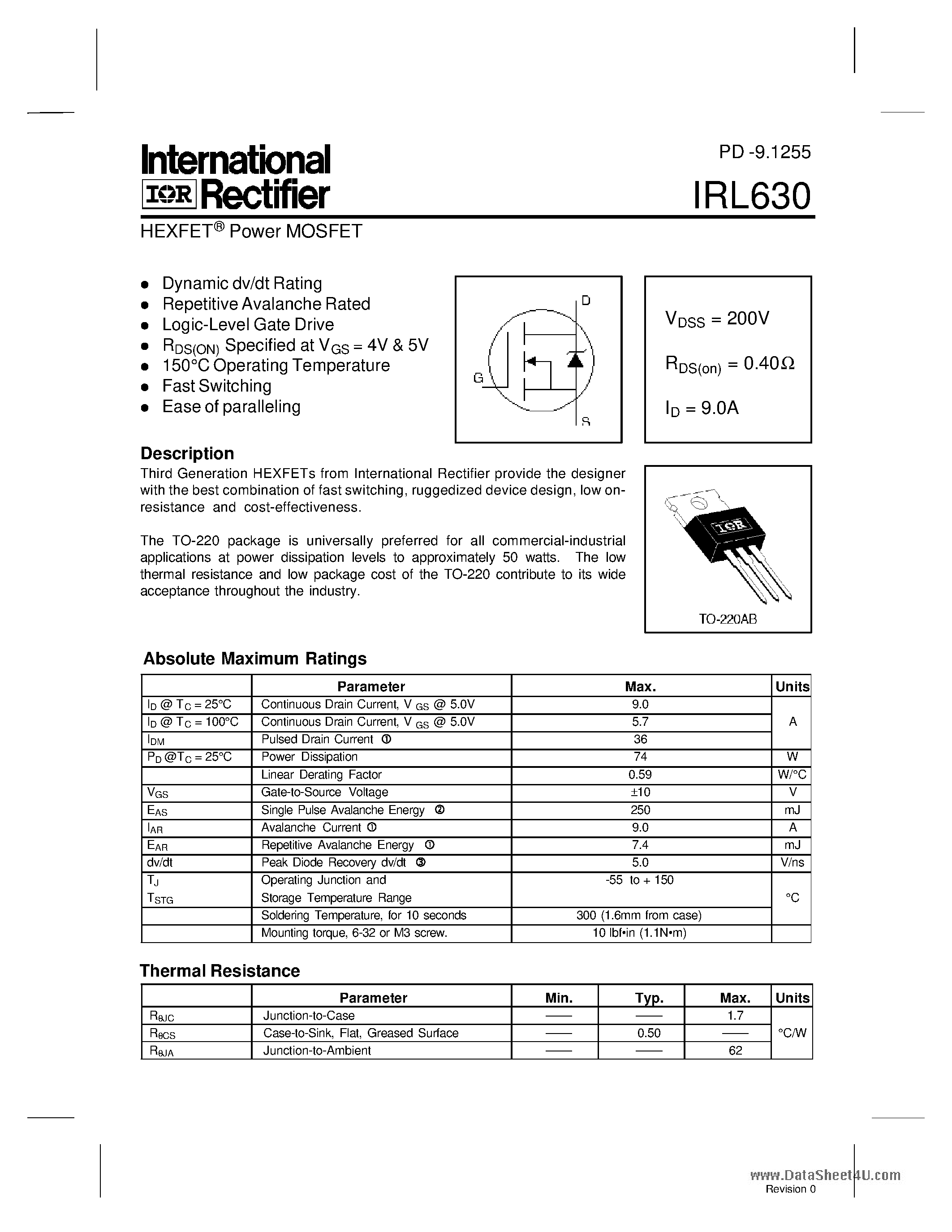 Даташит IRL630 - POWER MOSFET страница 1