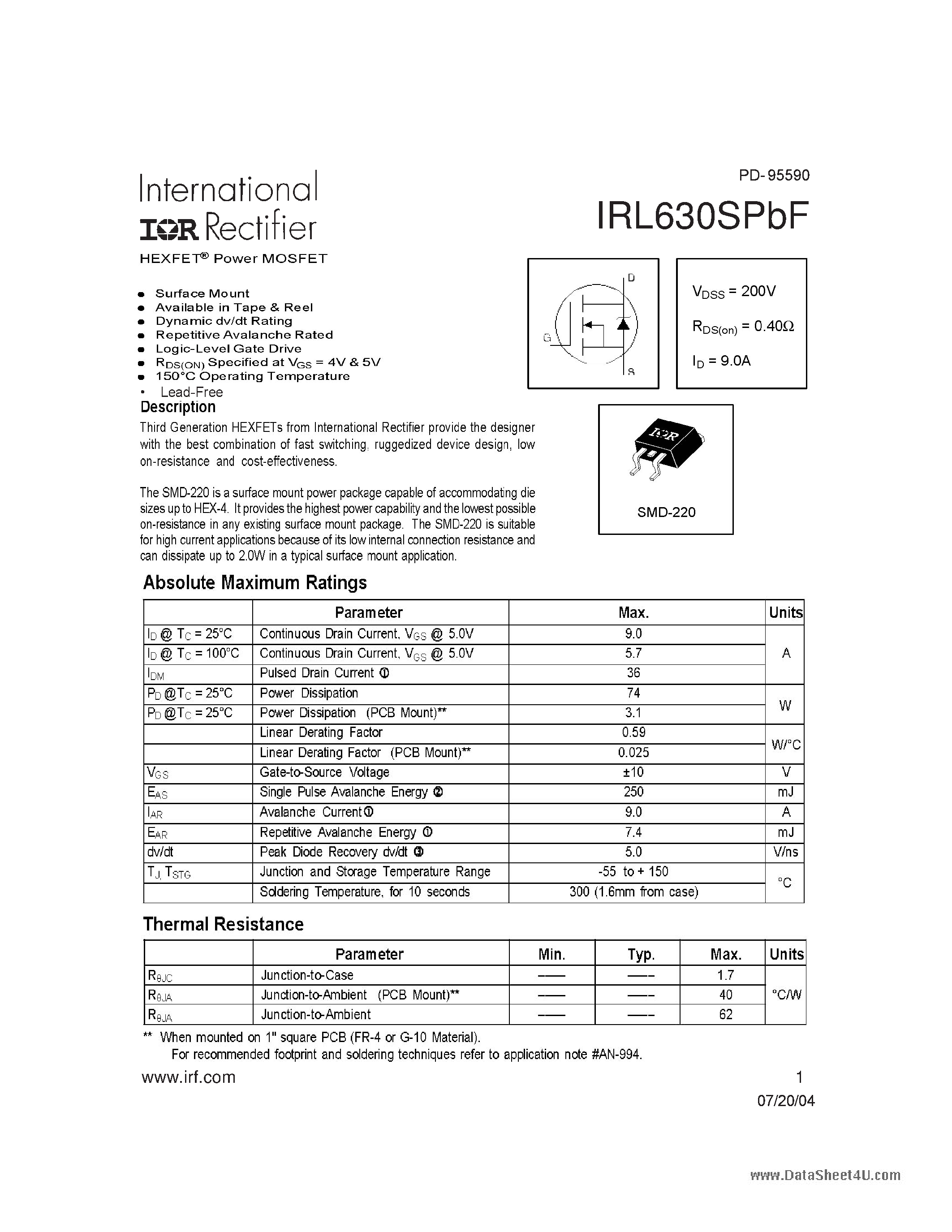 Datasheet IRL630SPBF - POWER MOSFET page 1
