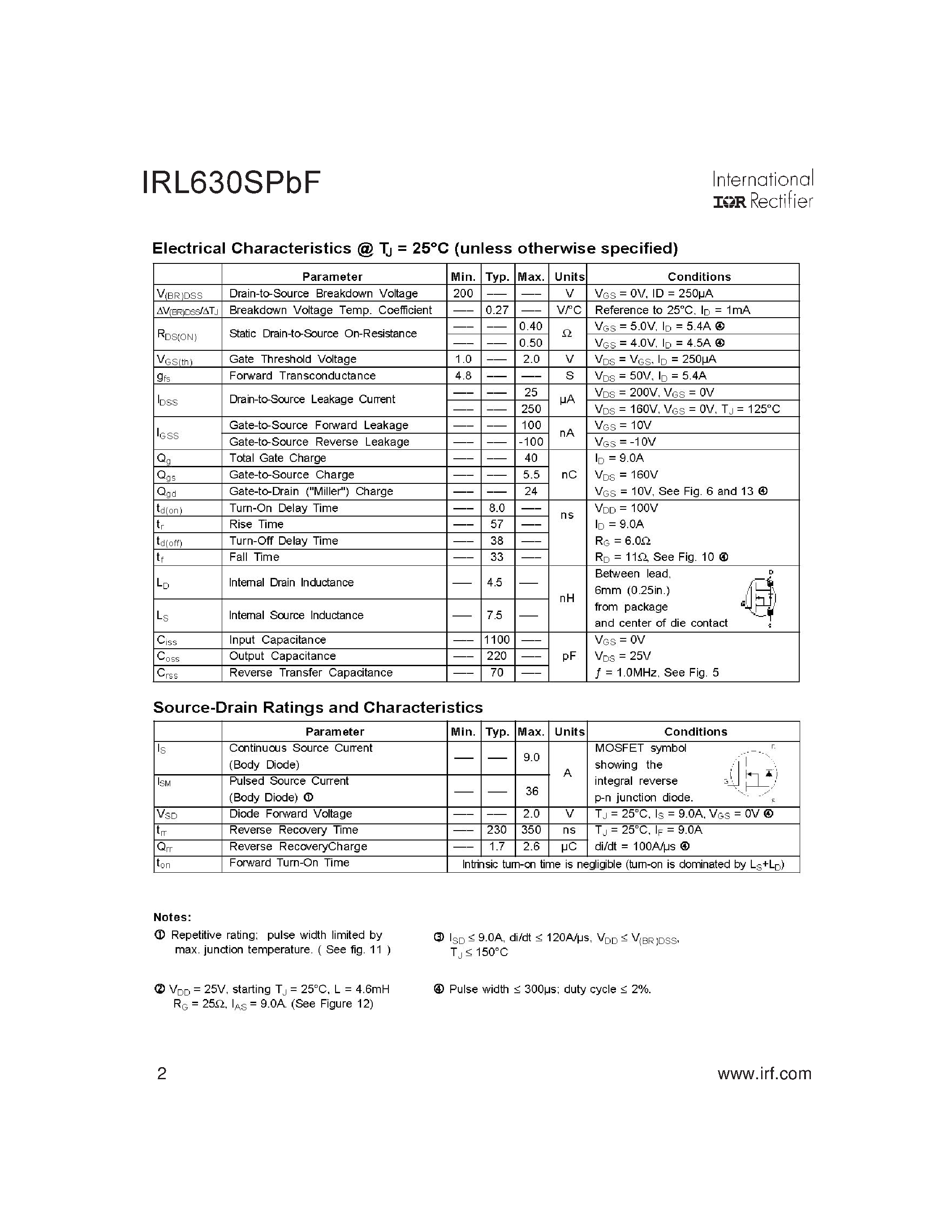 Datasheet IRL630SPBF - POWER MOSFET page 2