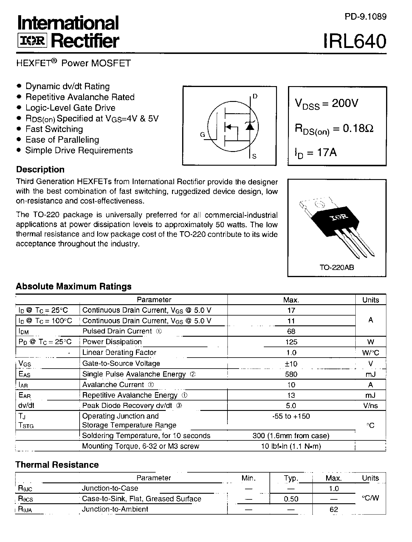 Datasheet IRL640 - POWER MOSFET page 1
