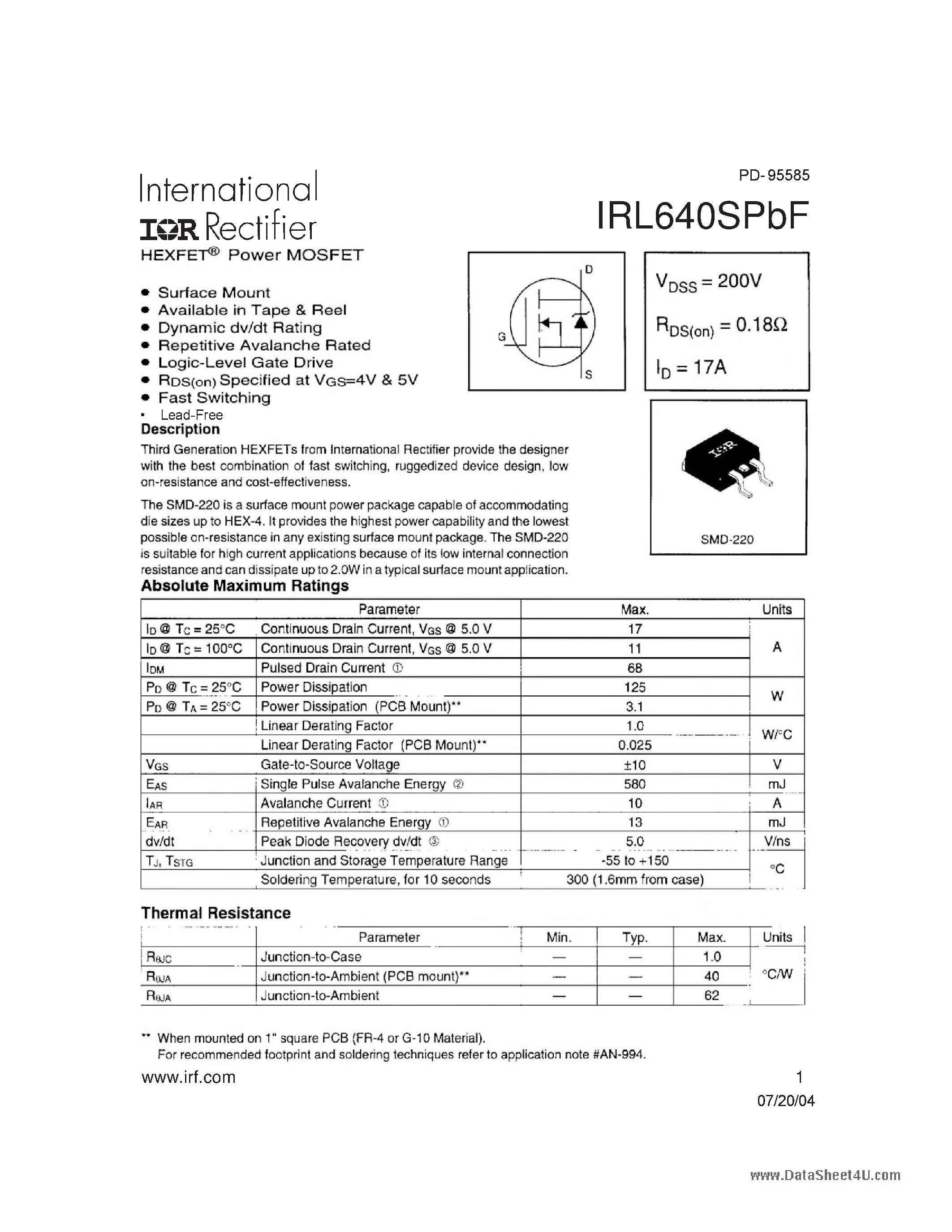 Datasheet IRL640SPBF page 1 Datasheet IRL640SPBF - POWER MOSFET page 1