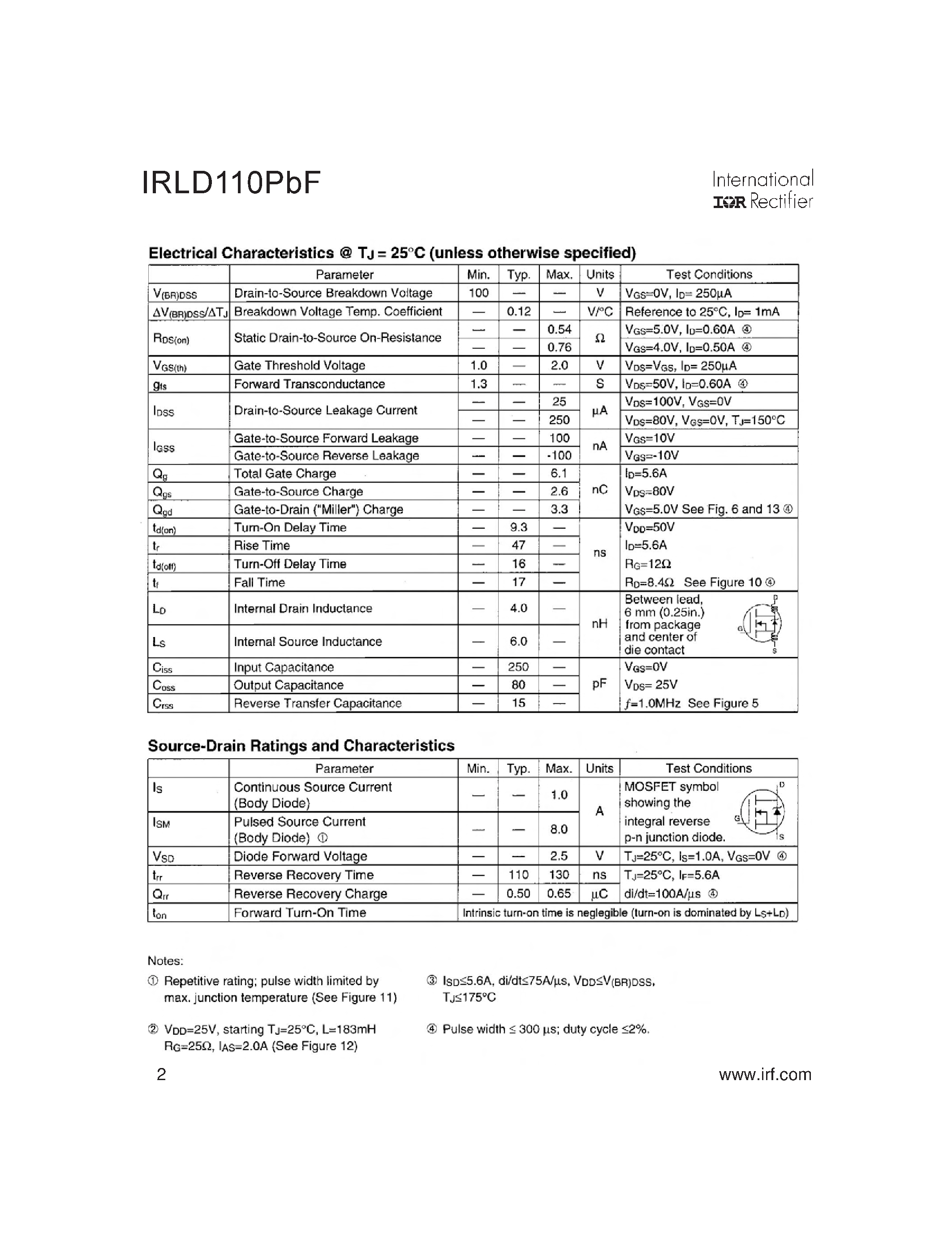 Datasheet IRLD110PBF page 2 Datasheet IRLD110PBF - POWER MOSFET page 2