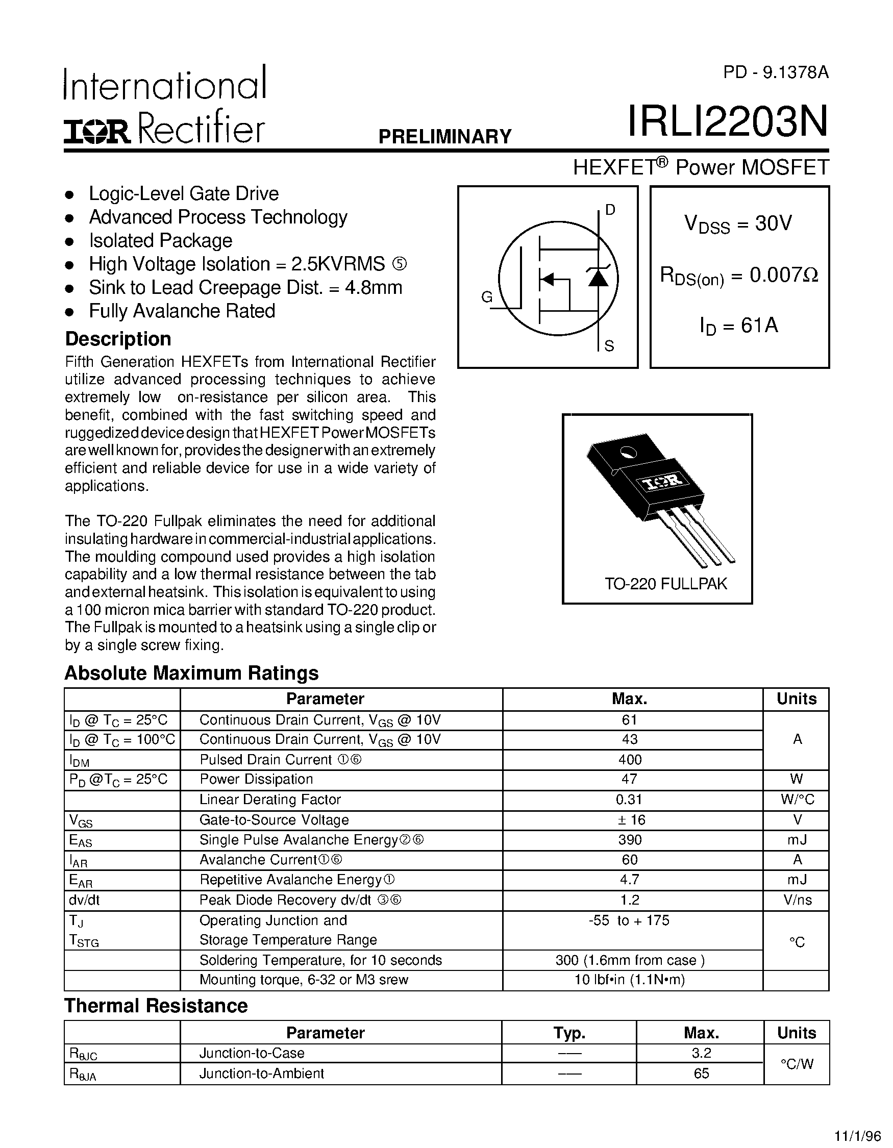 Datasheet IRLI2203N - POWER MOSFET page 1