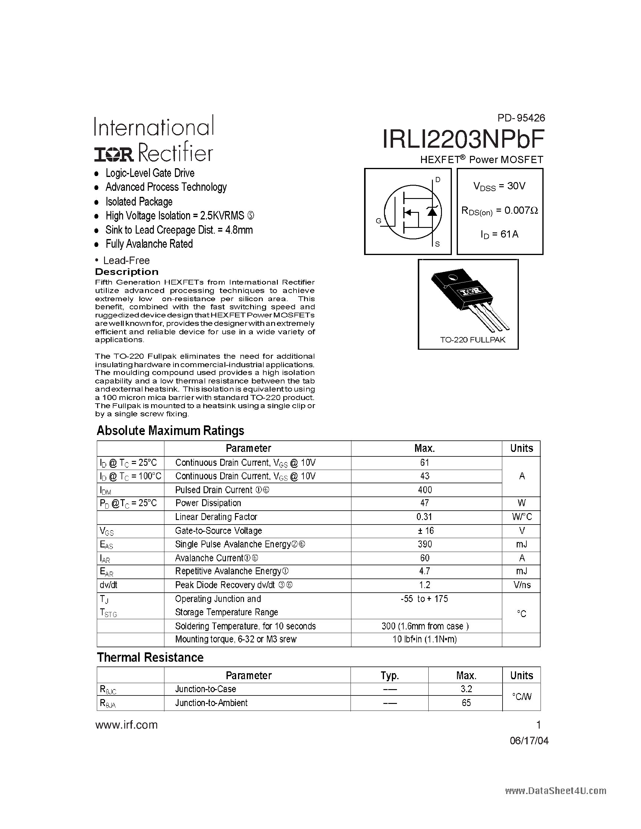 Datasheet IRLI2203NPBF - POWER MOSFET page 1