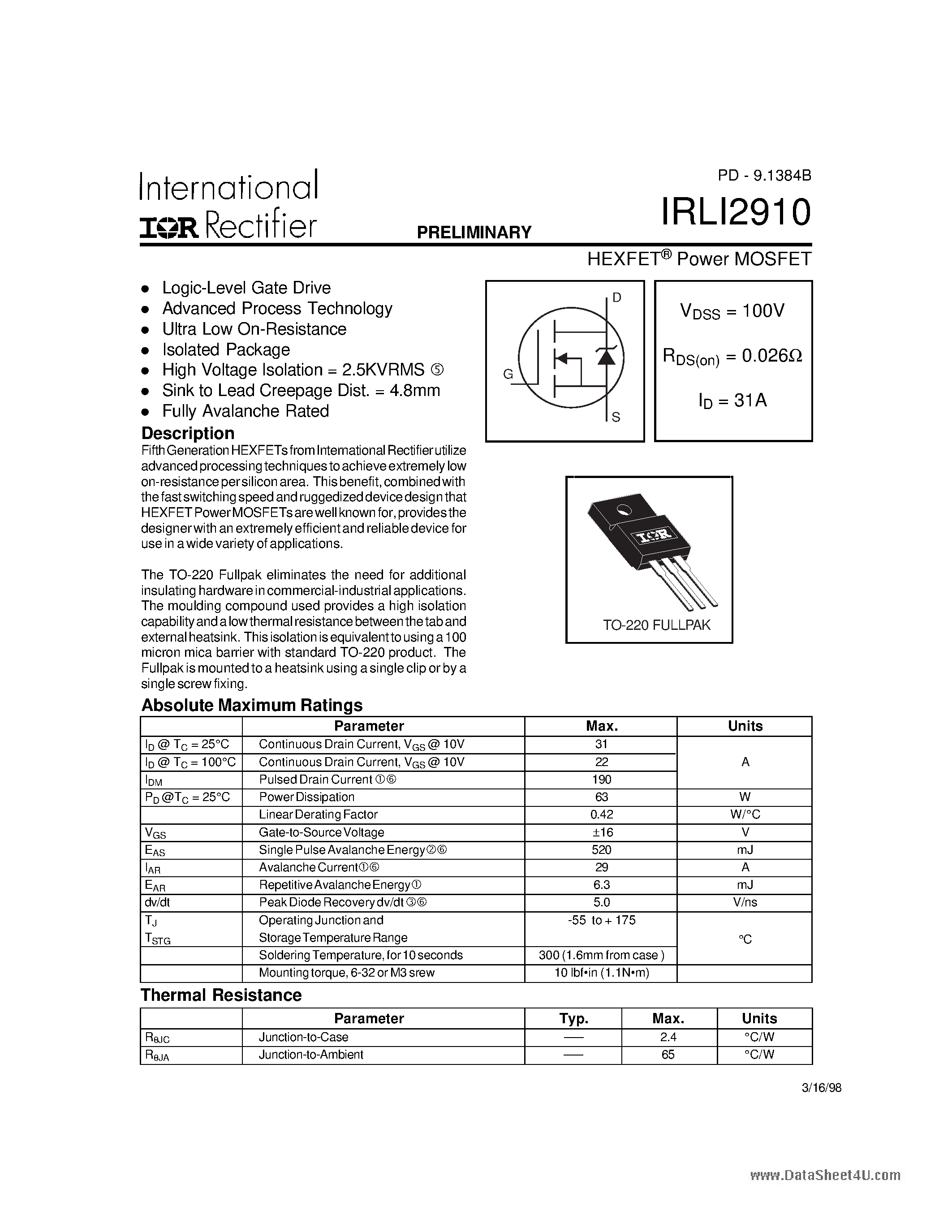 Datasheet IRLI2910 - POWER MOSFET page 1