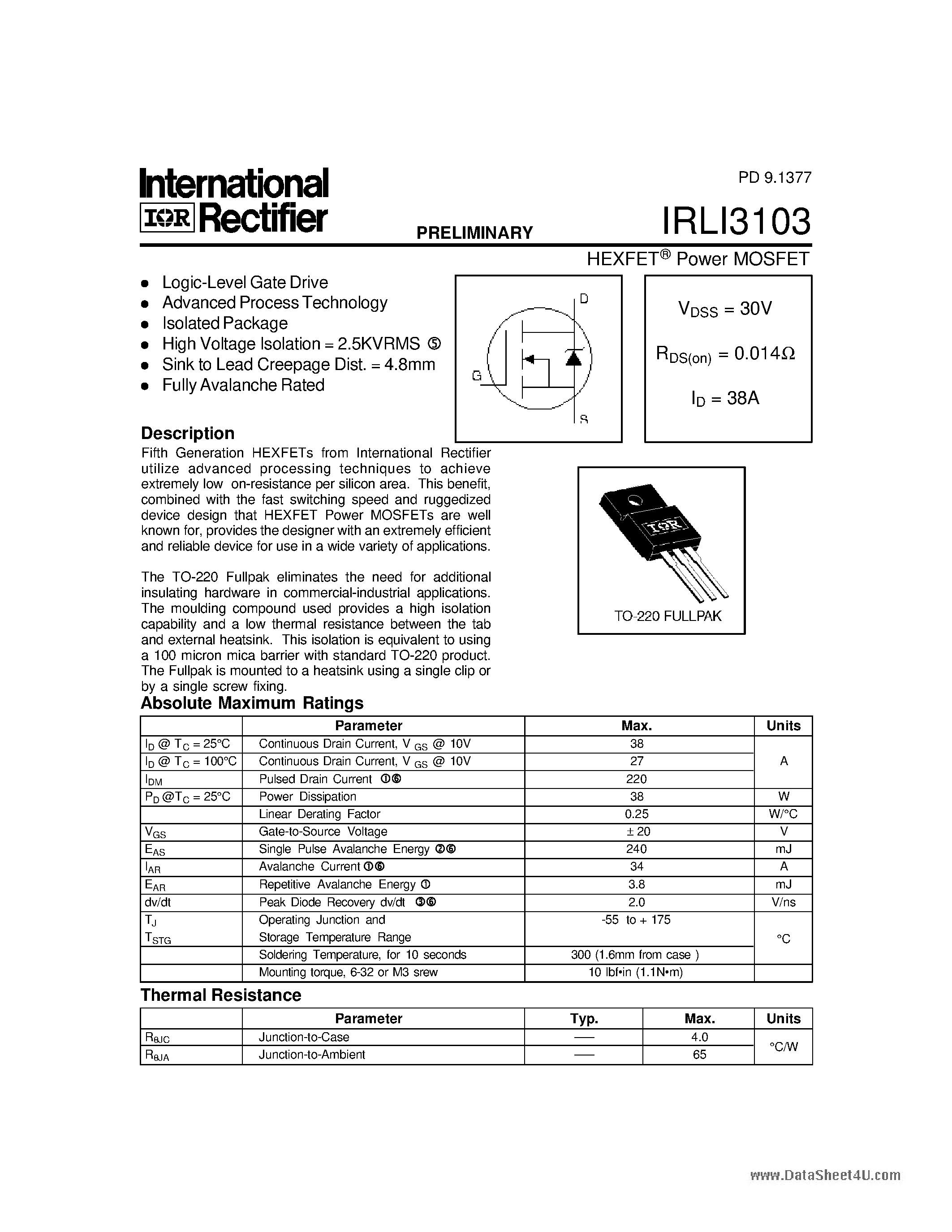 Datasheet IRLI3103 - POWER MOSFET page 1