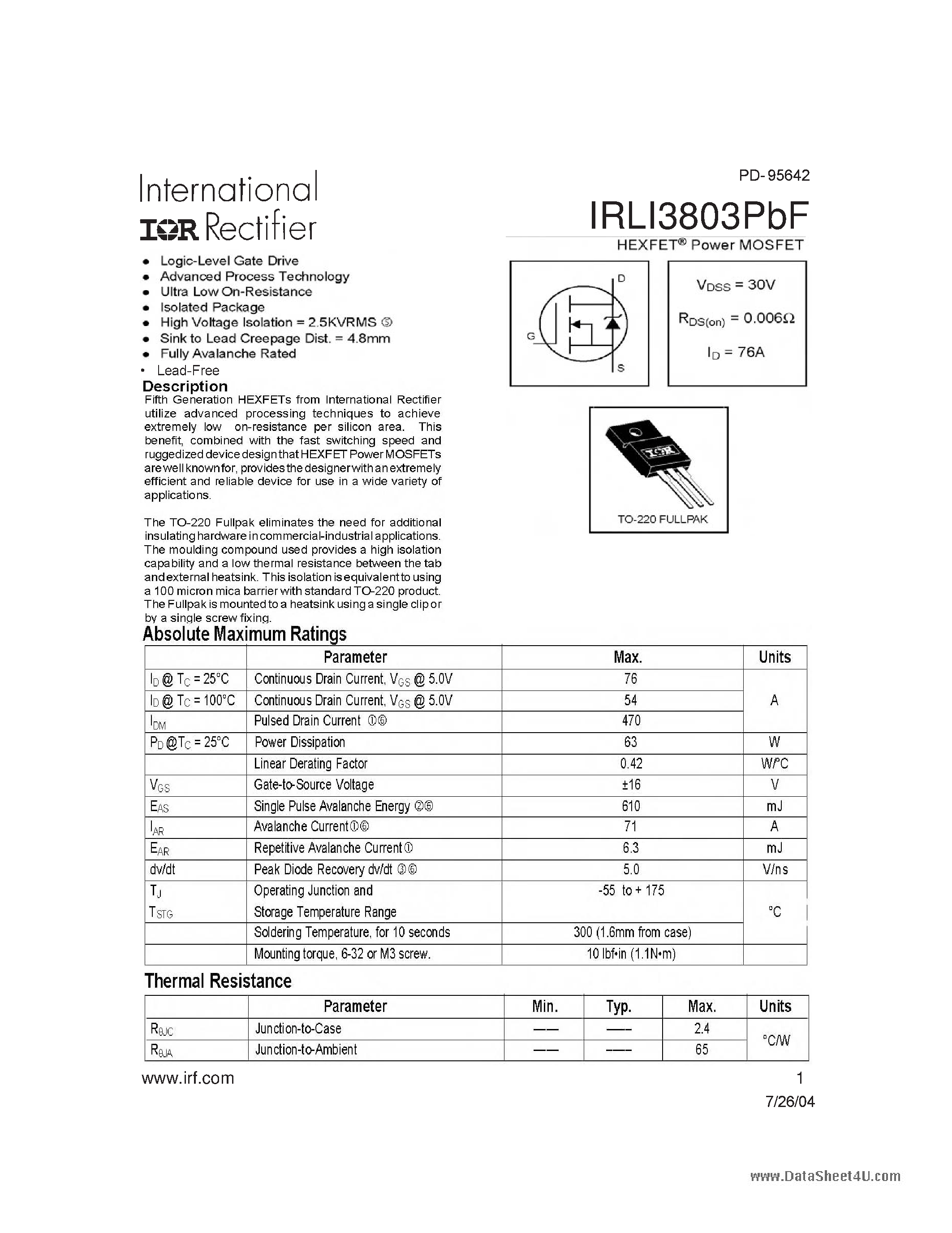 Datasheet IRLI3803PBF page 1 Datasheet IRLI3803PBF - POWER MOSFET page 1