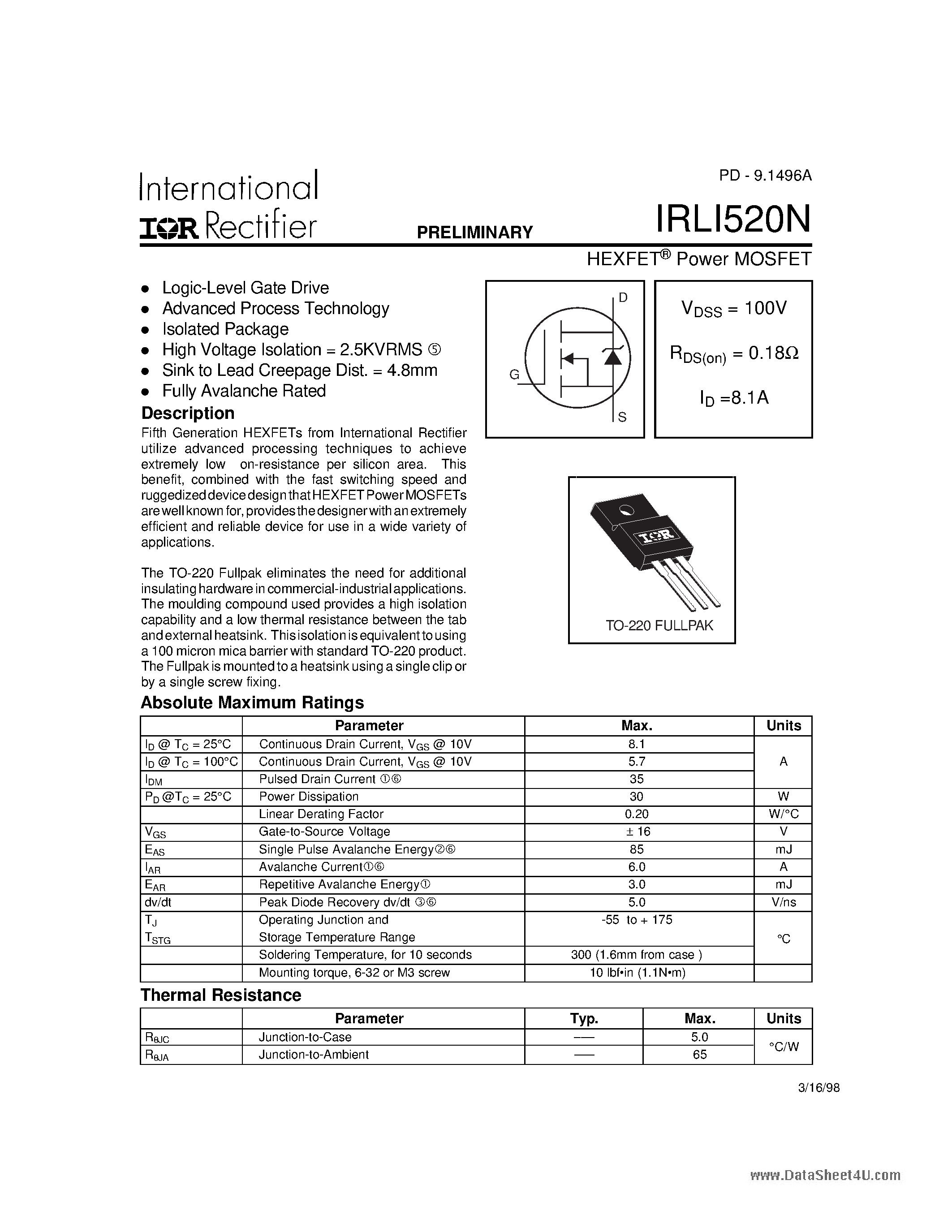Datasheet IRLI520N - POWER MOSFET page 1