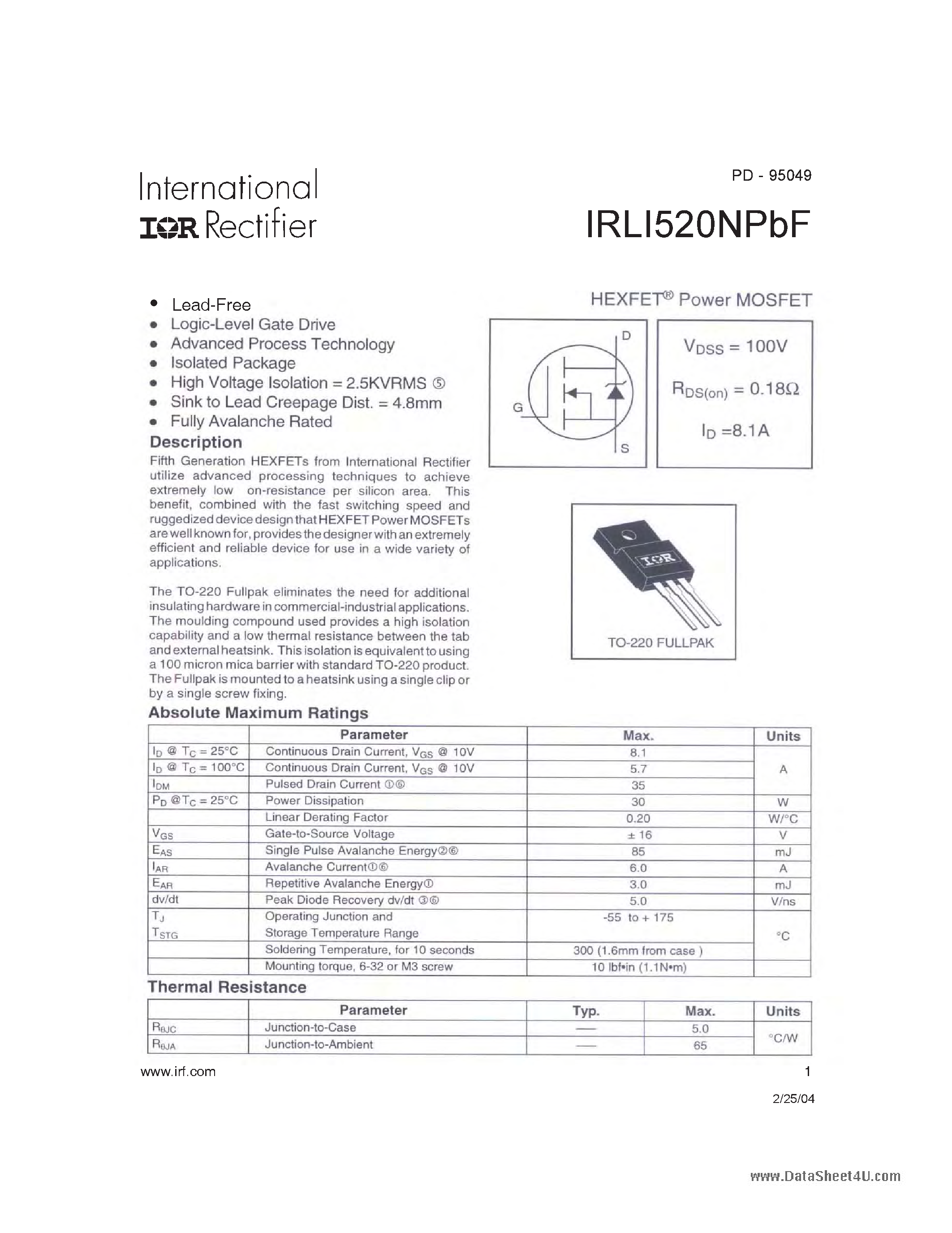 Datasheet IRLI520NPBF - POWER MOSFET page 1
