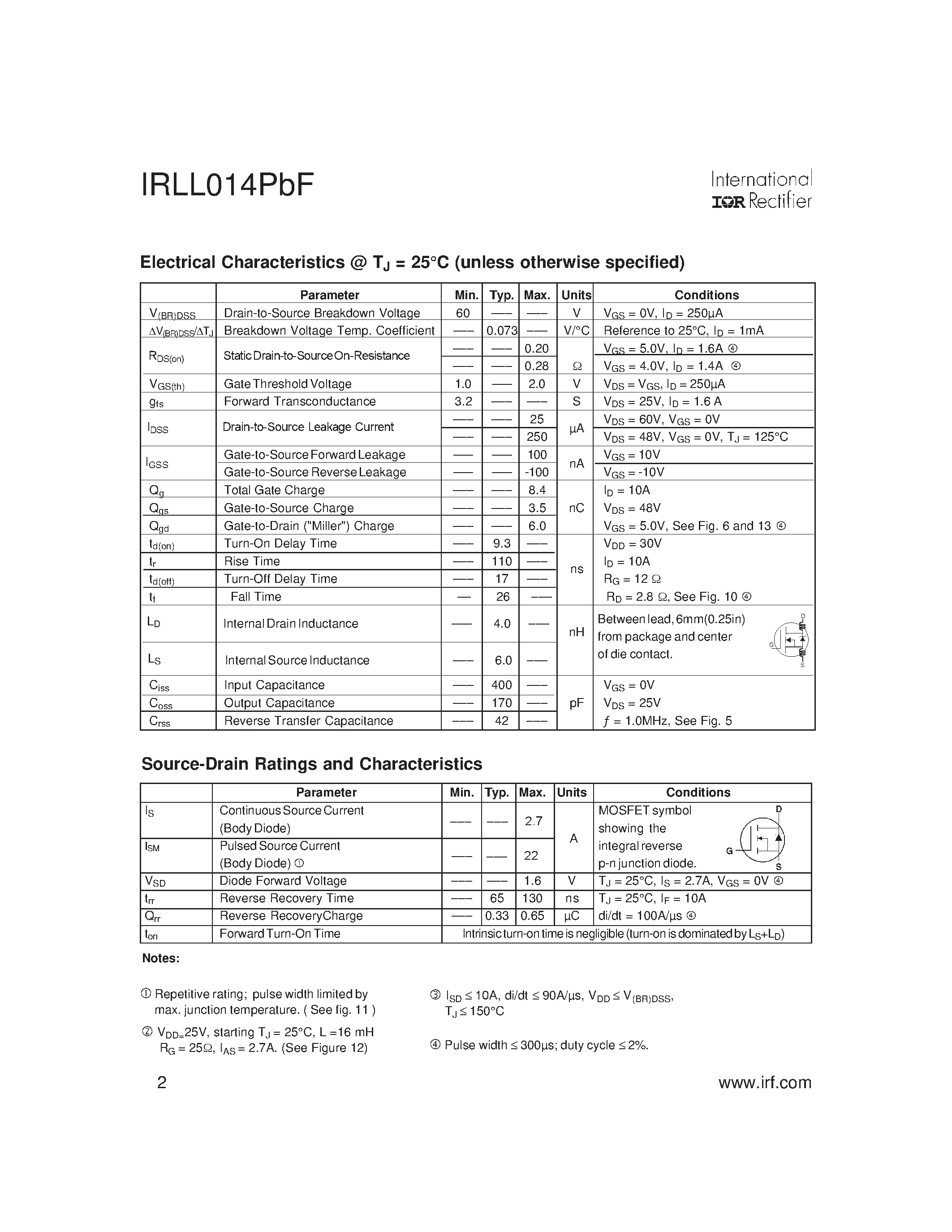 Даташит IRLL014PBF - POWER MOSFET страница 2