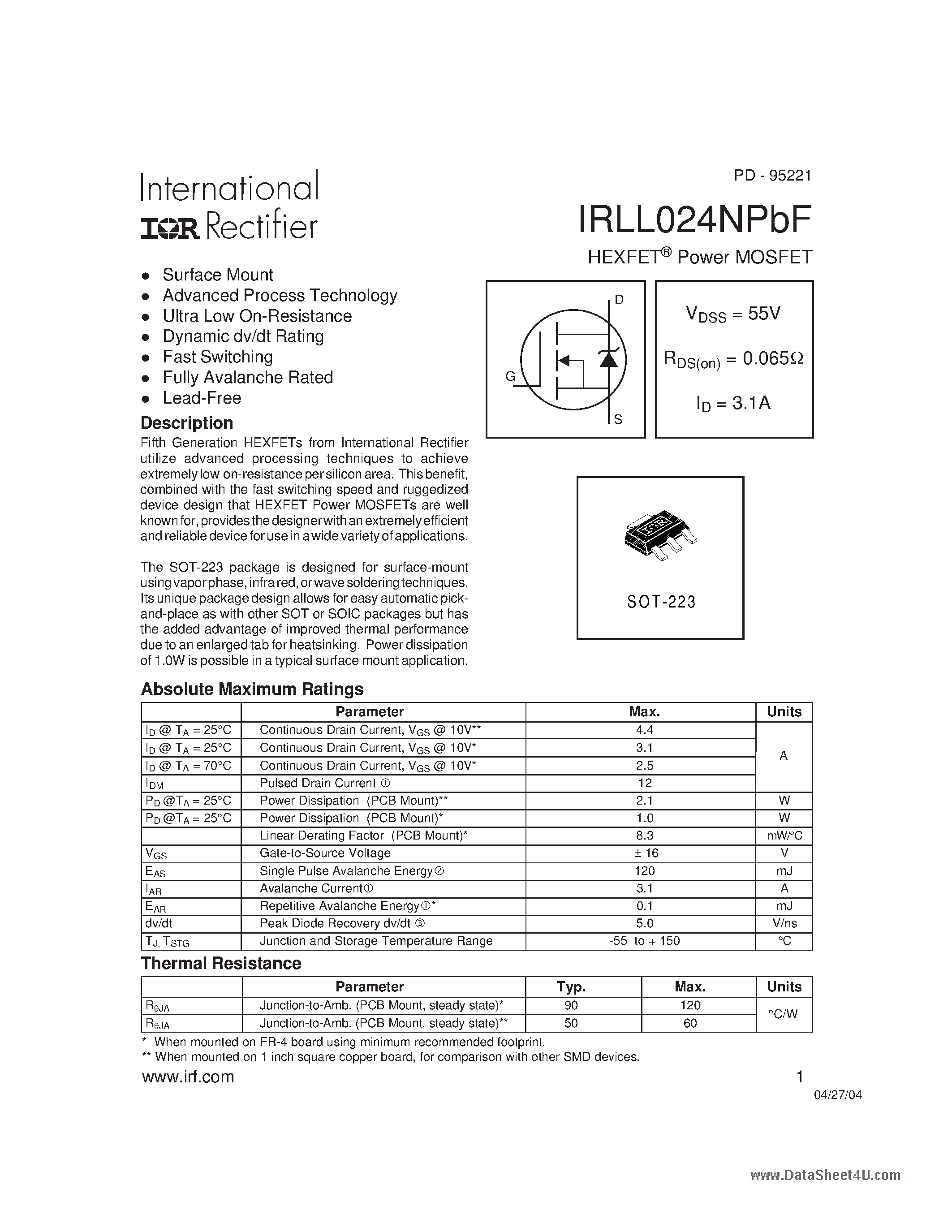 Даташит IRLL024NPBF - POWER MOSFET страница 1