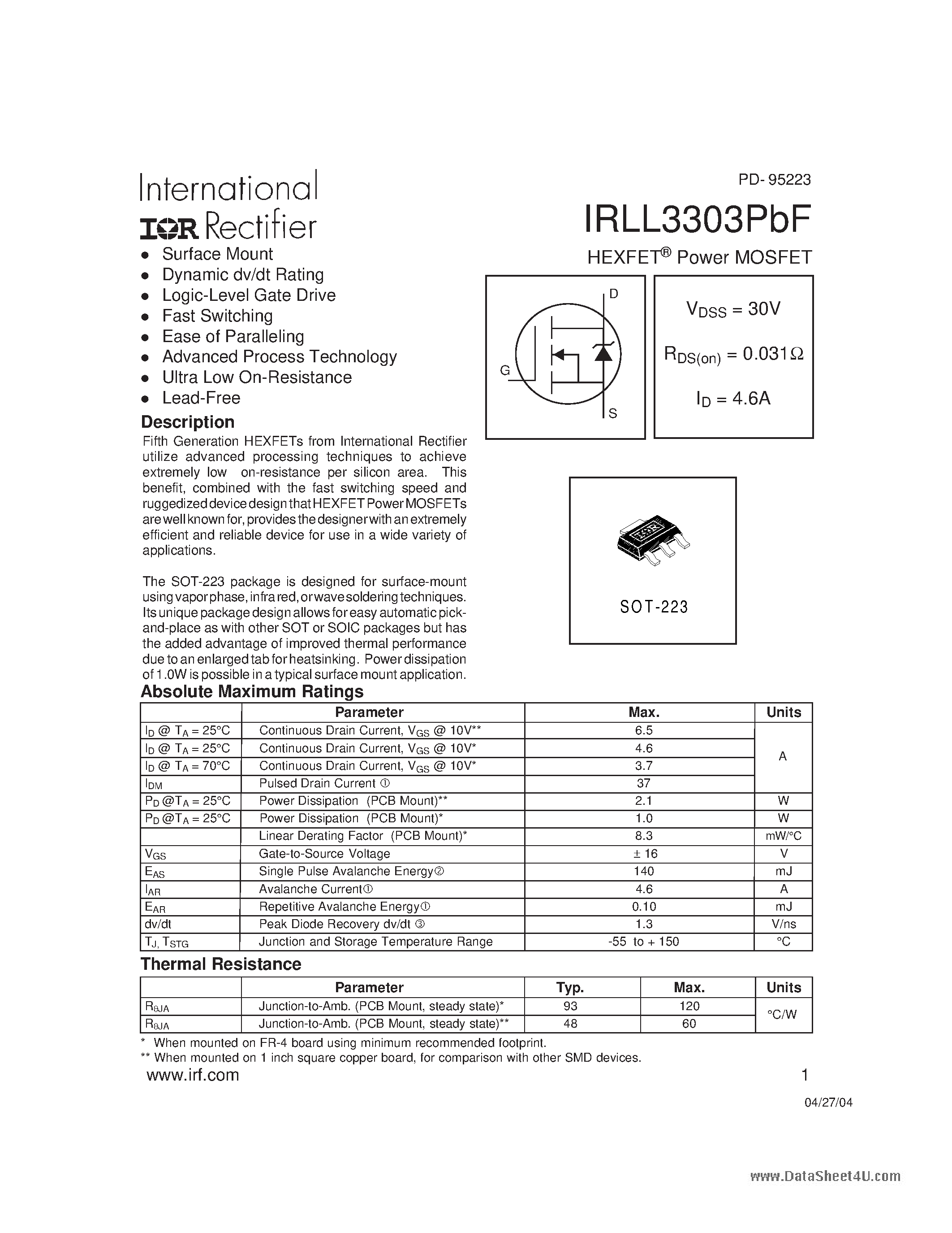 Даташит IRLL3303PBF - POWER MOSFET страница 1