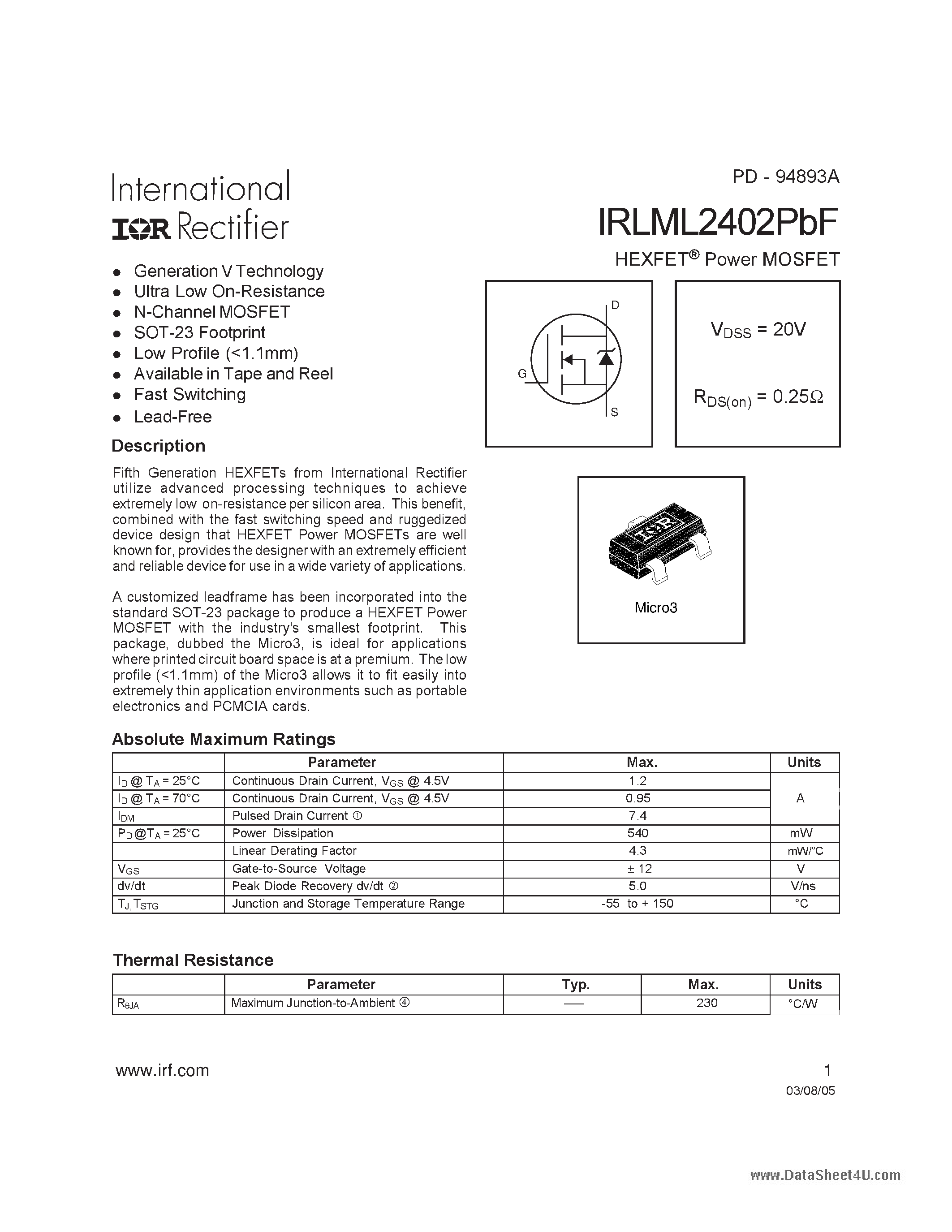 Даташит IRLML2402PBF - POWER MOSFET страница 1