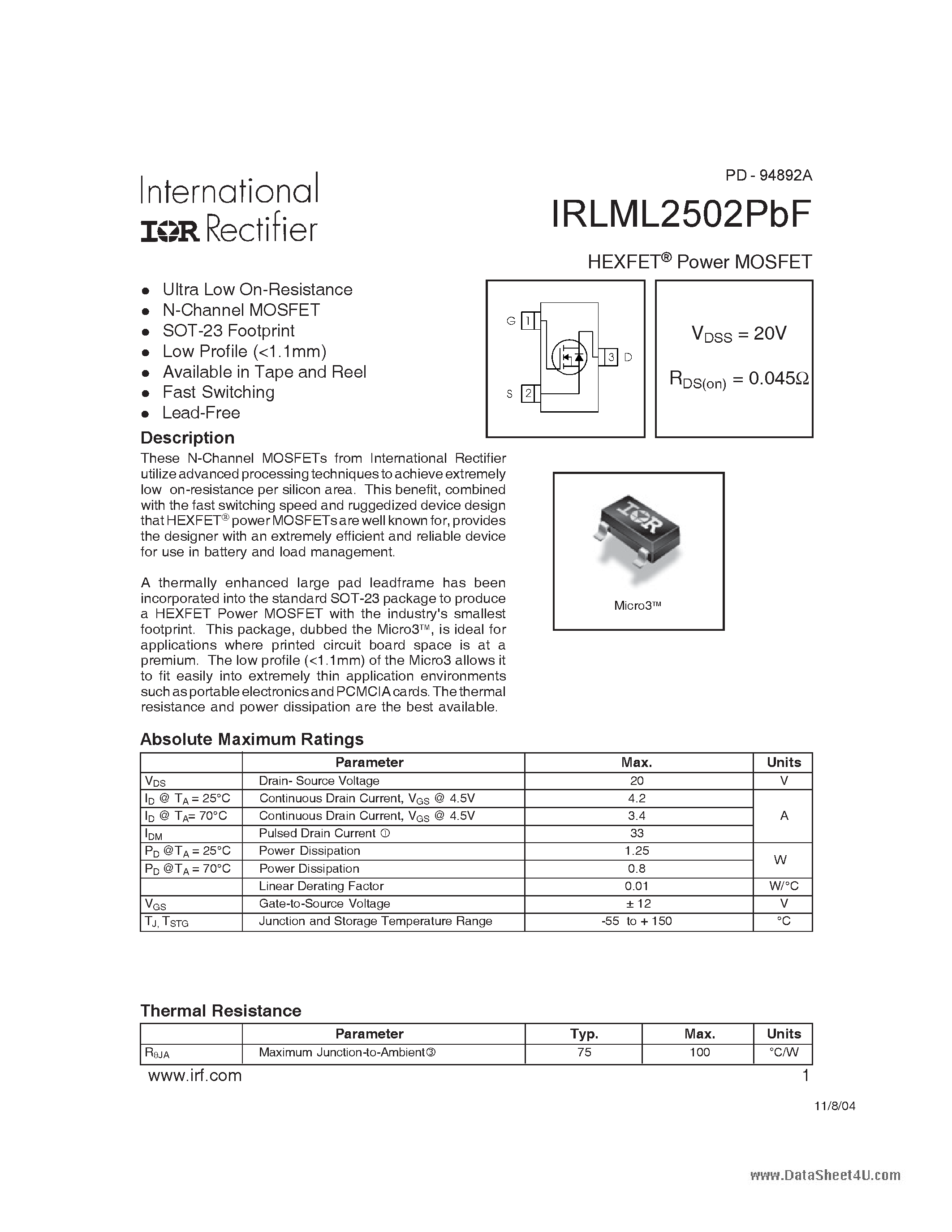 Даташит IRLML2502PBF - POWER MOSFET страница 1