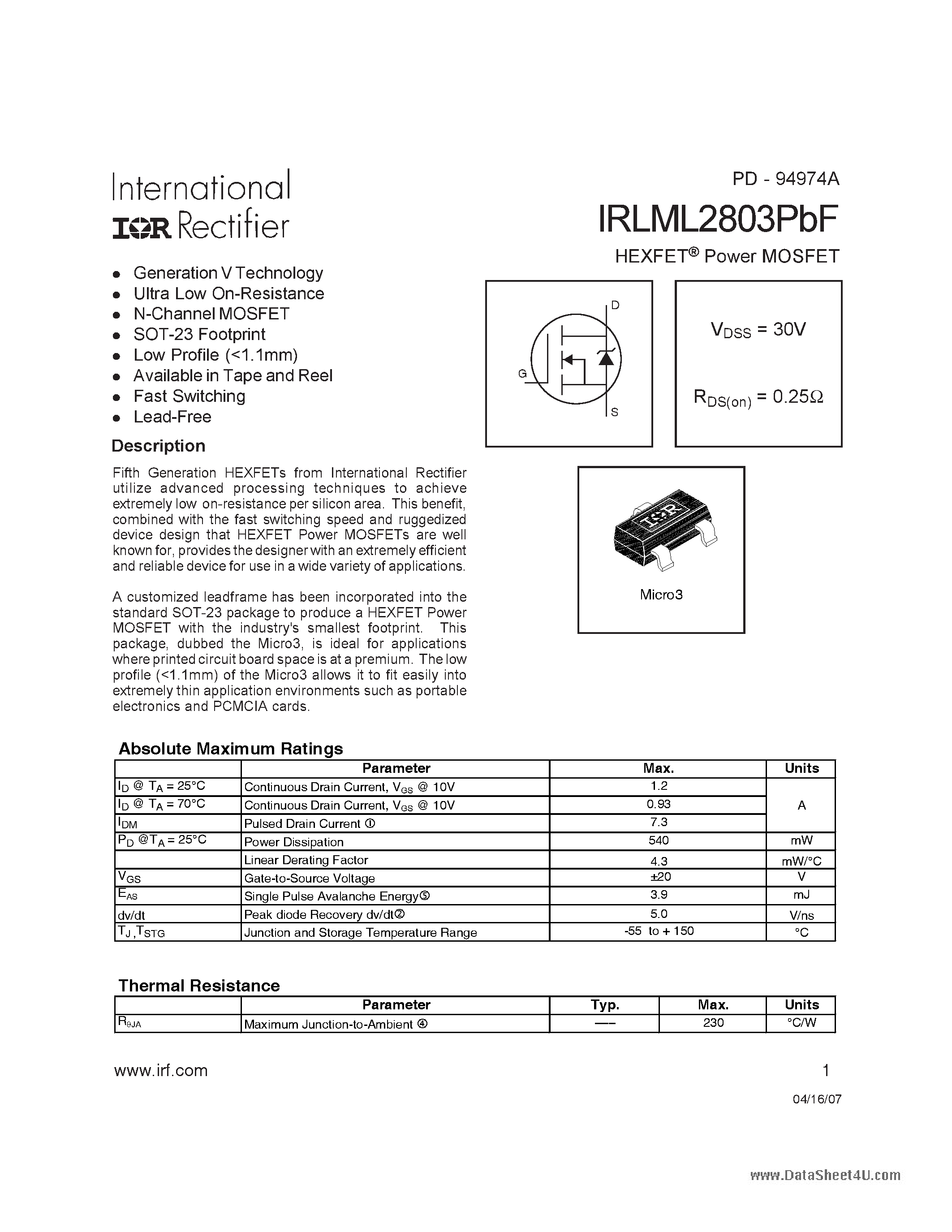 Даташит IRLML2803PBF - POWER MOSFET страница 1