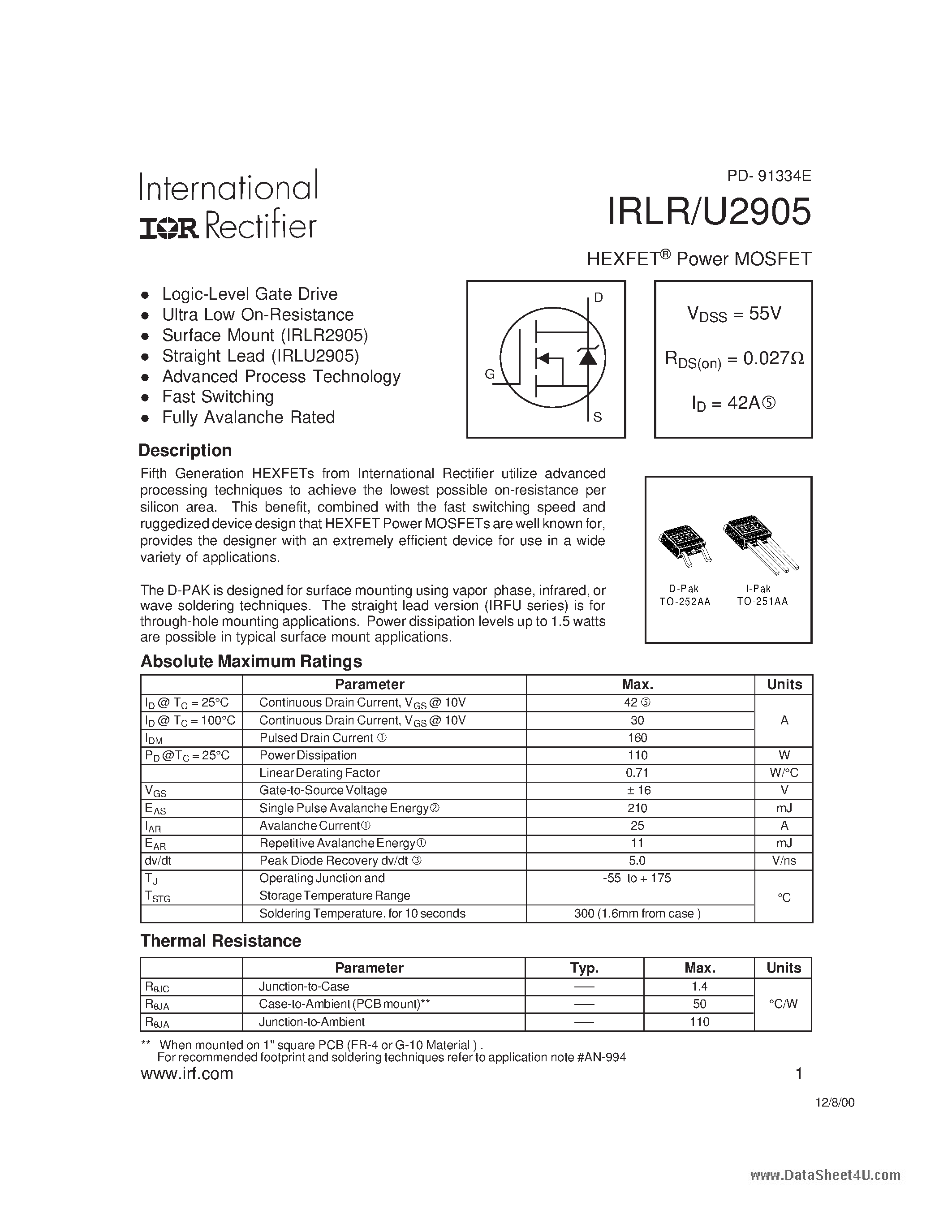 Datasheet IRLR2905 page 1 Datasheet IRLR2905 - POWER MOSFET page 1